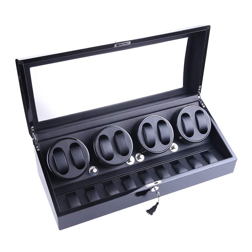 XTELARY Luxury 4 Motor Automatic Watch Winder - Wooden Display Case with 8+9 Storage for Rolex, Omega & More (Black) | Perfect for Watch Collectors & Safe Storage