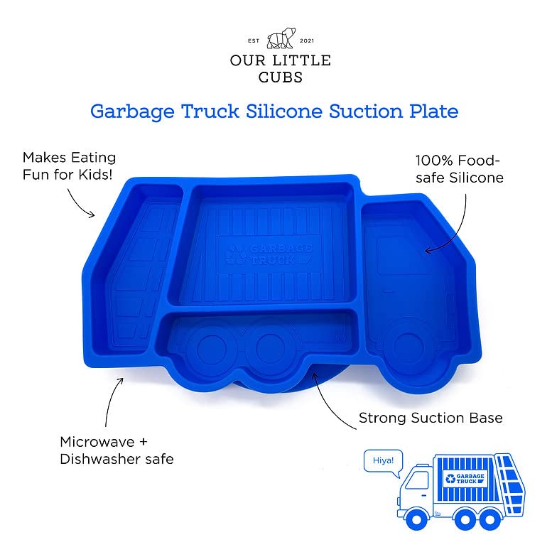 Durable Suction Plate for Kids - Non-Slip Toddler Dinnerware Set with Divided Sections | Construction-Themed Garbage Truck Design | Microwave & Dishwasher Safe | Perfect for Mealtime, Daycare & Travel (Blue)