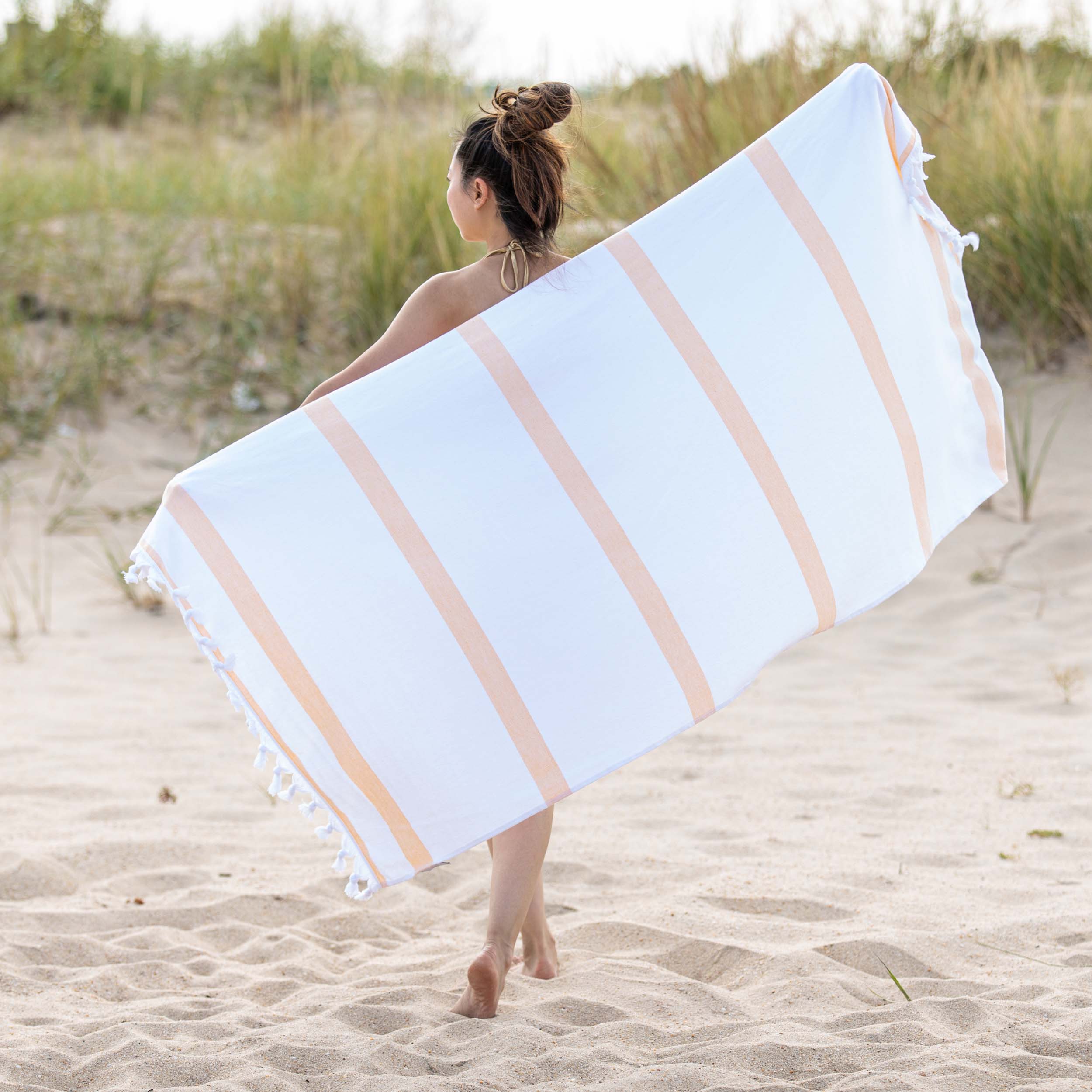 Premium Tropical Cabana Stripe Fouta 2-Piece Beach Towel Set with Tassels | Soft Quick-Dry Bath & Pool Towels for Summer Vacation, Beach Outing & Backyard Lounging