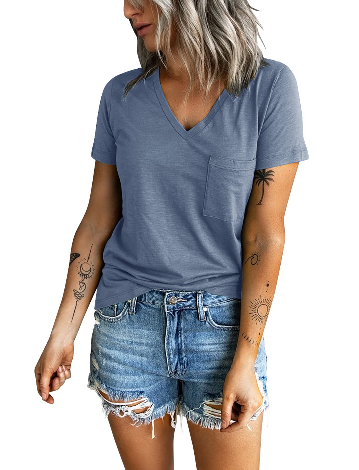 Sunborui Women's Summer Short Sleeve V-Neck T-Shirt with Pocket - Solid Color Loose Fit Casual Tee Top for Everyday Wear, Outings & Vacation