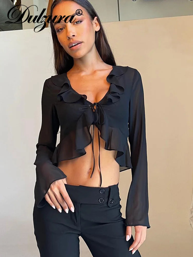 Women's Long Sleeve V-Neck Lace-Up Chiffon Blouse with Ruffle Detail - Loose Fit Casual Streetwear for Autumn Winter | Perfect for Beach Outings, Date Nights & Office Wear