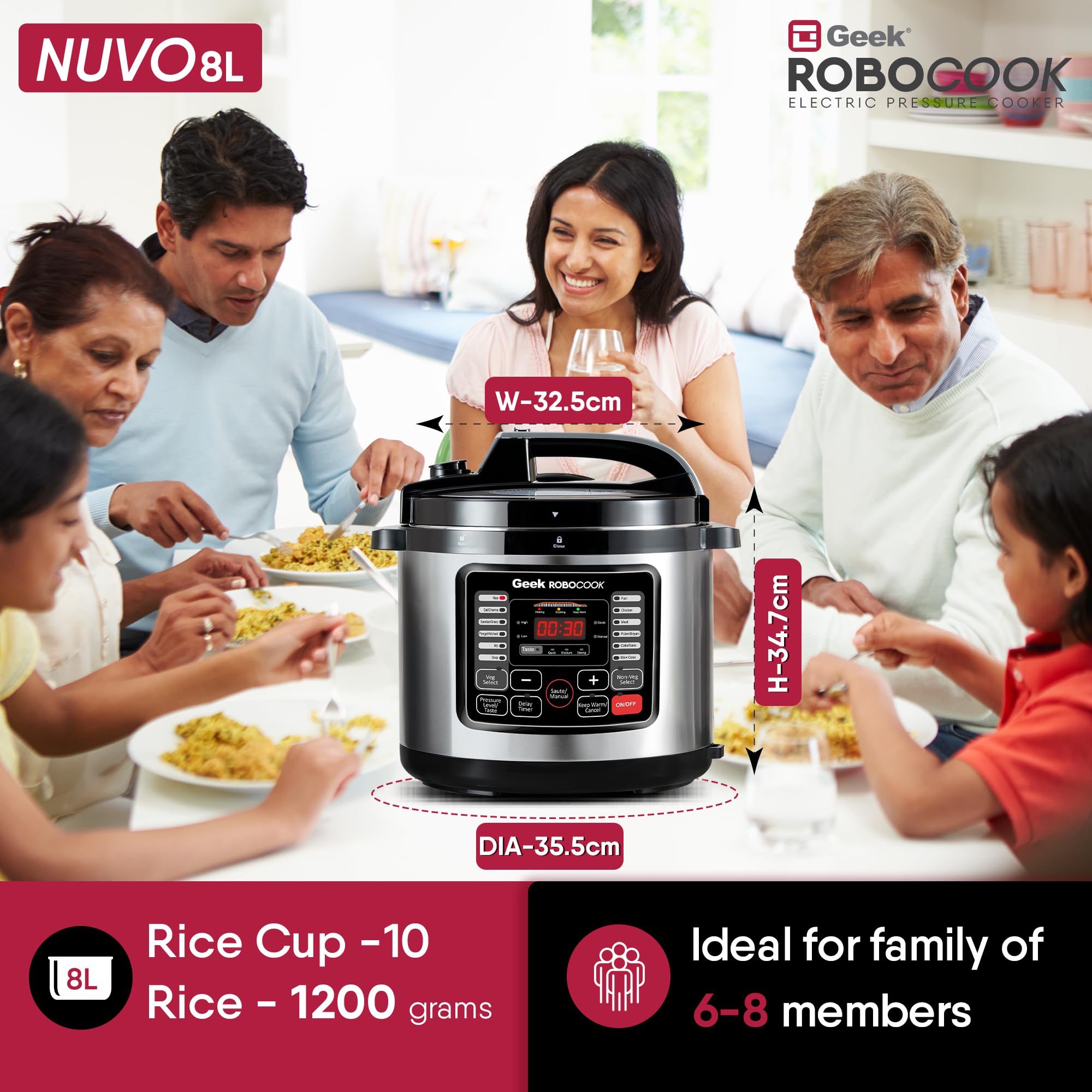 Geek Robocook Nuvo 11-in-1 Automatic Electric Pressure Cooker 8L - 17 Preset Menus, Instant Pot, Rice Cooker, Stainless Steel | Perfect for Meal Prep, Indian Cooking & Fast Family Dinners | 2-Year Warranty