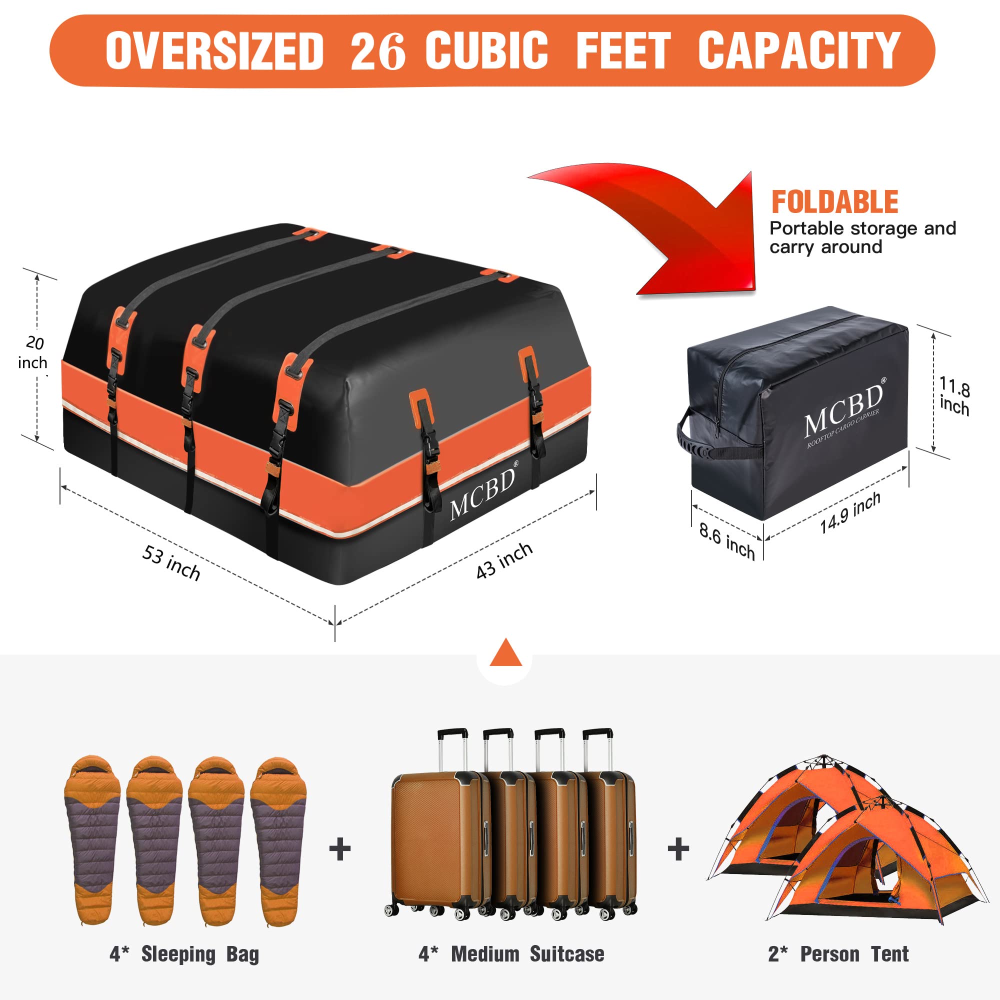 26 Cubic Feet Waterproof Rooftop Cargo Carrier - Universal Soft-Shell Roof Bag for SUVs & Cars with/without Rails | Includes 8 Reinforced Straps, 6 Door Hooks, Storage Bag & Anti-Slip Mat | Perfect for Road Trips, Camping & Extra Luggage Storage