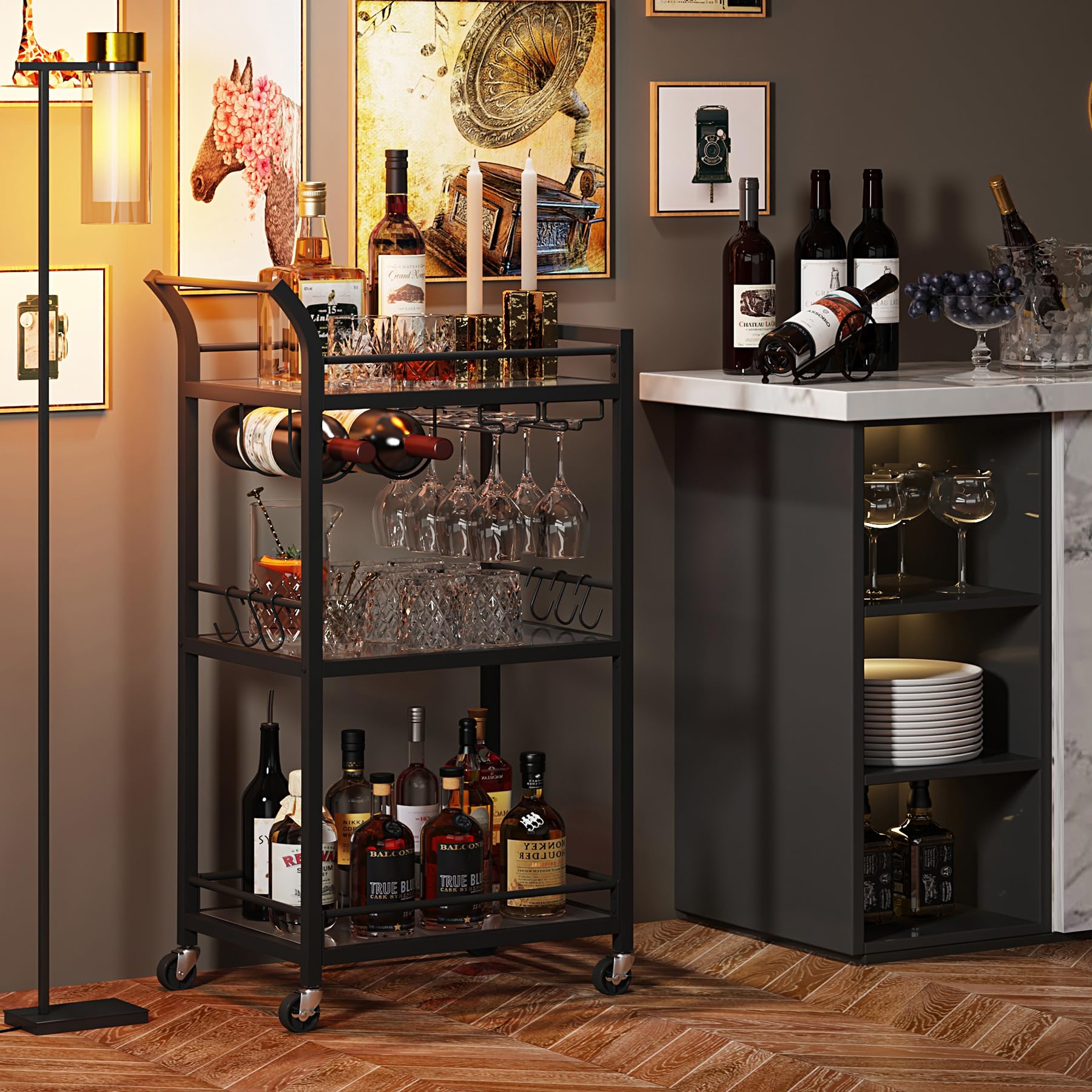 TUTOTAK 3-Tier Bar Cart with Mirrored Shelves - Mobile Rolling Beverage Cart for Wine, Drinks & Kitchen Storage - Black BC01BK034 | Perfect for Home Bars, Parties & Small Space Living