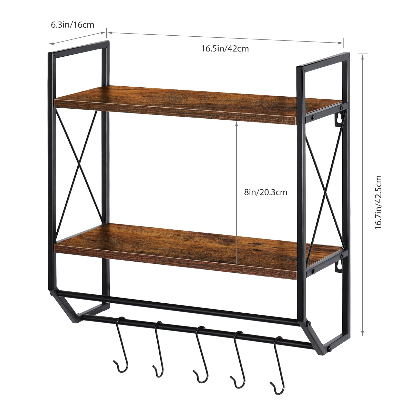 2-Tier Rustic Brown Wall Mounted Bathroom Towel Rack with Shelf & Hooks - Over Toilet Storage Solution for Towels, Decor & Essentials - Perfect for Small Bathrooms, Powder Rooms & Apartment Living