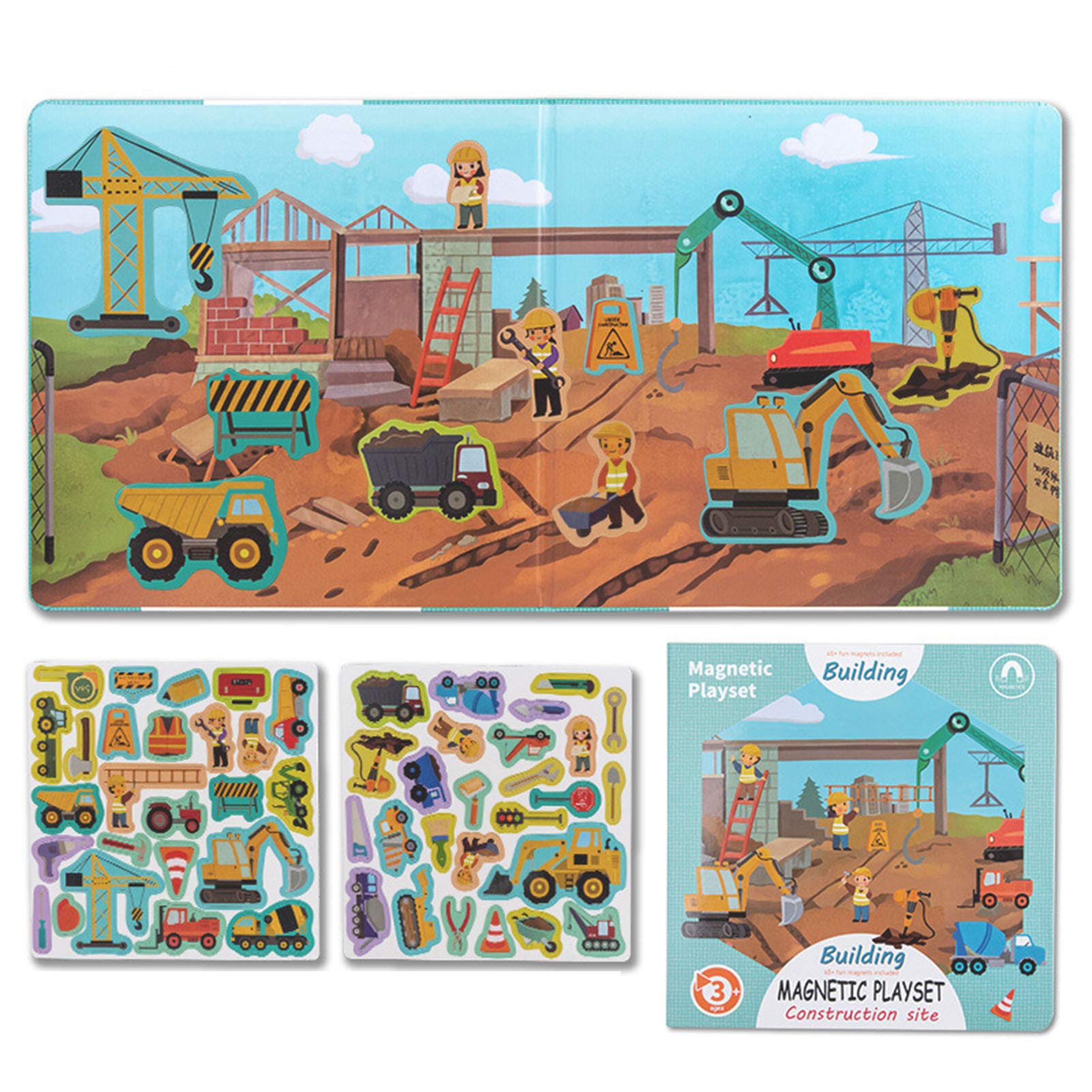 helegeSONG Wooden Magnetic Puzzles for Kids Ages 3-5 - 50PCS Magnetic Animals & Vehicles Playset with Portable Playboard | Educational Travel Toy for Toddlers (Dinosaur, Sea & Zoo Animals, Construction Vehicles) - Perfect for Car Rides, Airplane Travel & Quiet Playtime