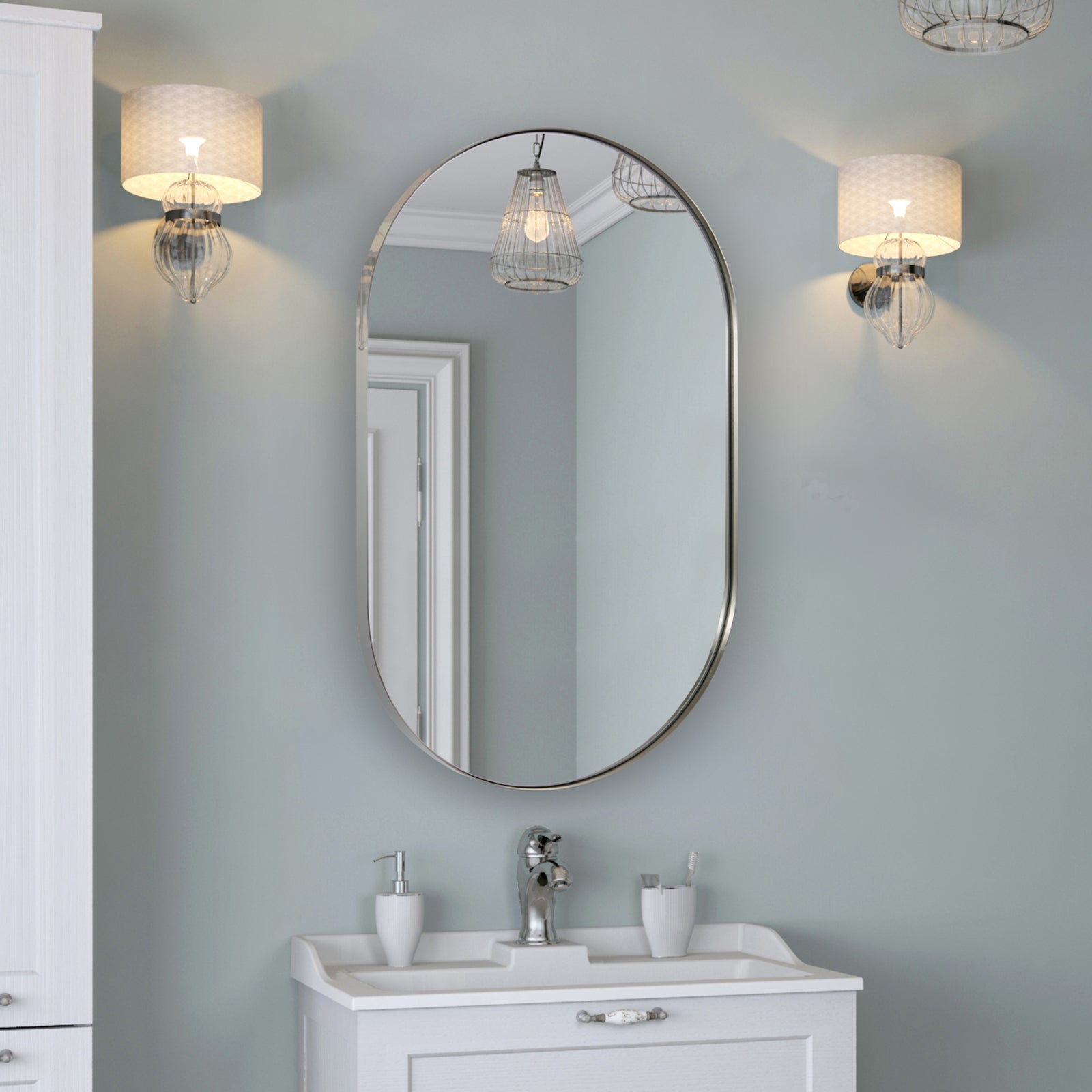 Modern Long Oval Pill-Shaped Capsule Wall Mirror with Stainless Steel Frame - Elegant Bathroom, Bedroom & Entryway Decor for Home & Office