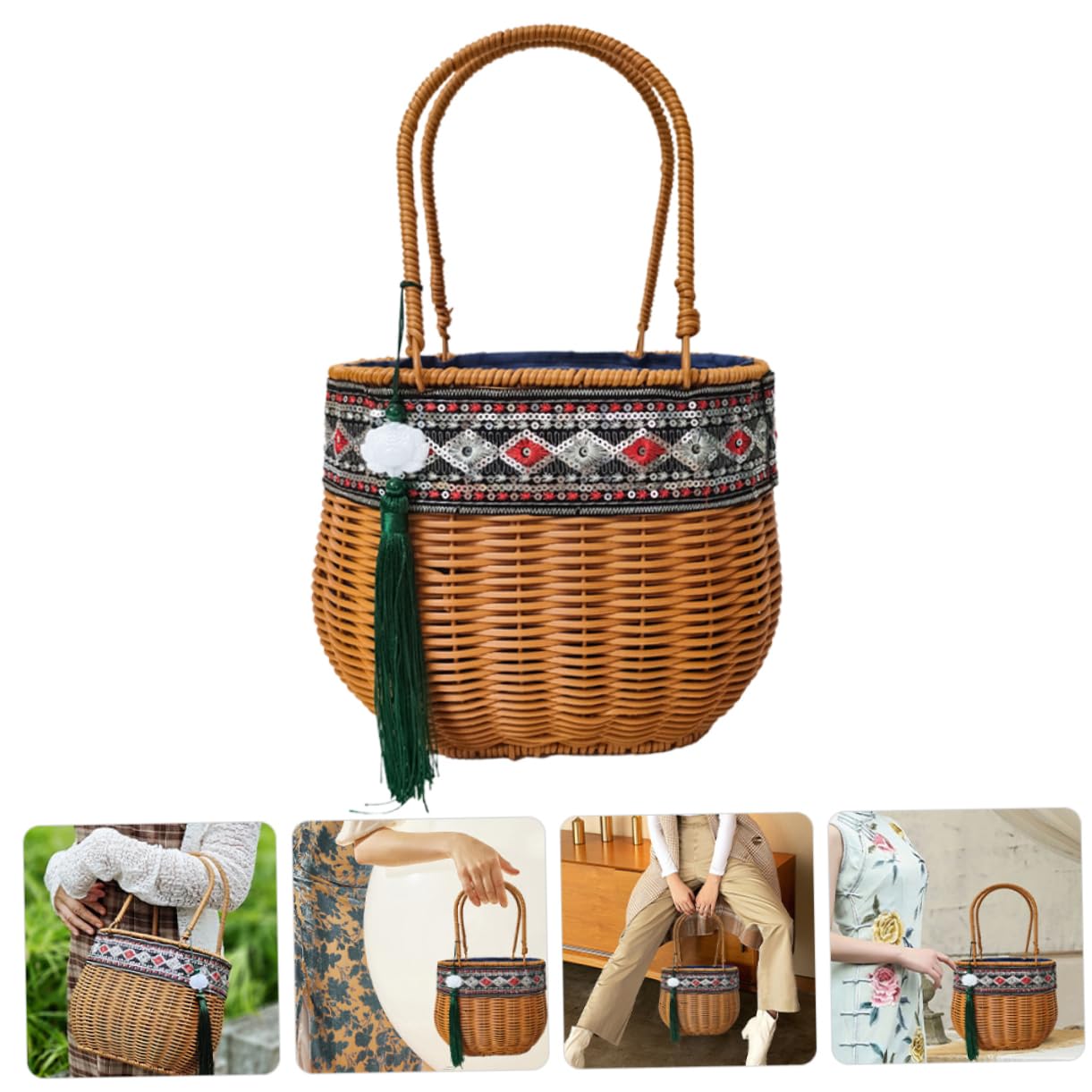 Bestoyard Natural African Rattan Handbag - Fair Trade Seagrass Market Basket with Handle for Groceries, Toy & Magazine Storage - Perfect for Flower Girl, Beach, Picnic & Home Decor