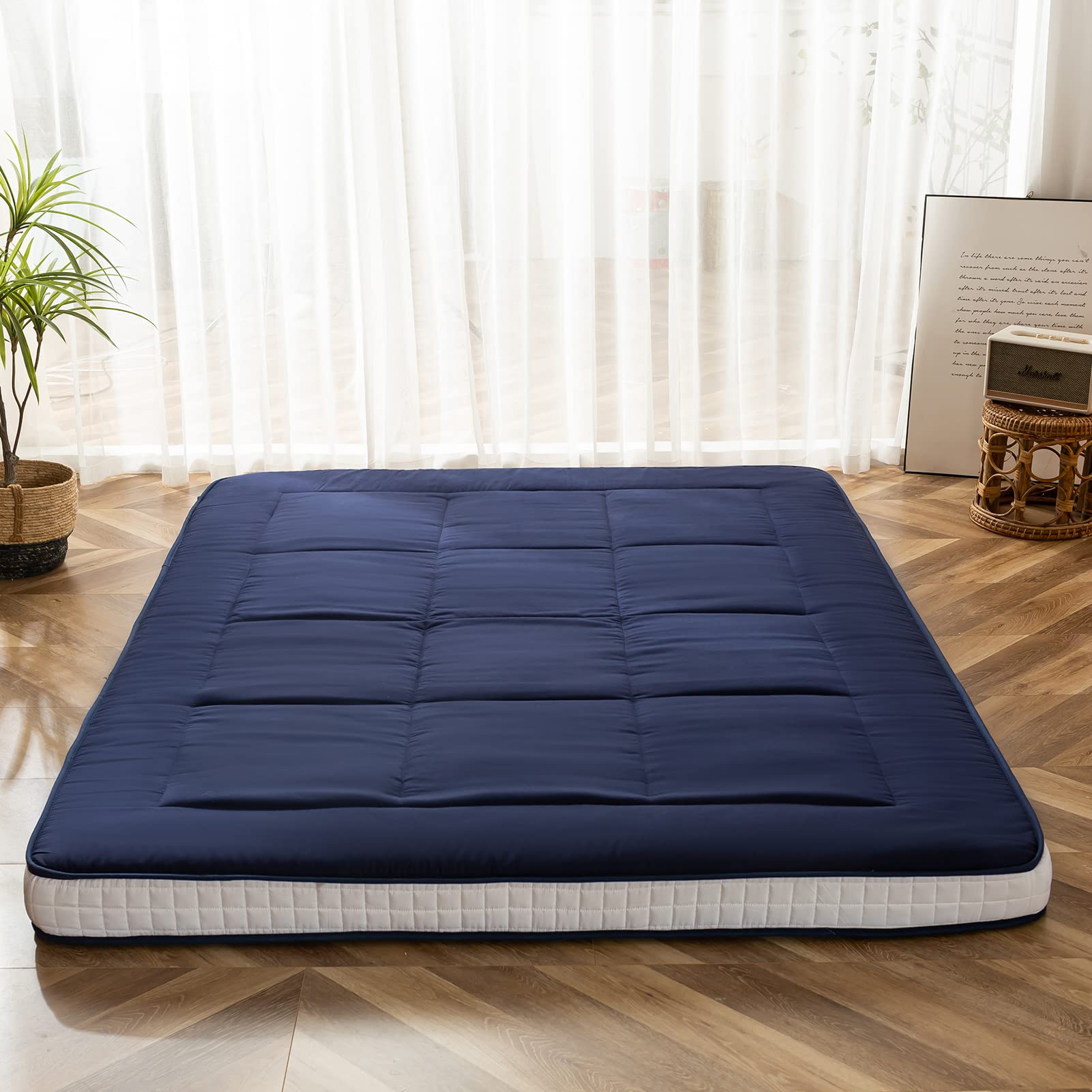 MAXYOYO Extra Thick Japanese Futon Mattress - Foldable Floor Sleeping Pad with Quilted Topper, Breathable Navy Blue Full Size Mattress for Guest Bed, Camping, Couch Lounging & Home Use