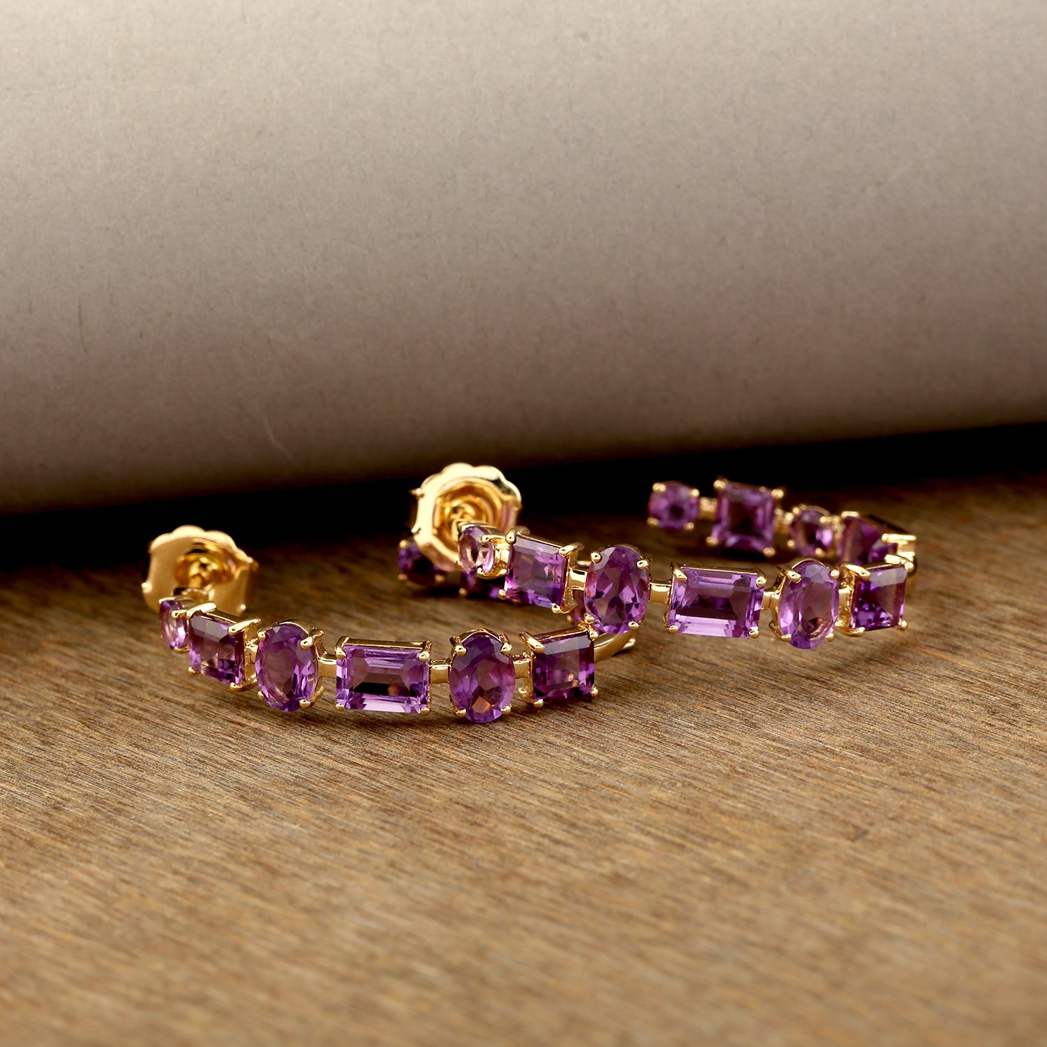 18K Yellow Gold Amethyst February Birthstone Long Hoop Earrings - Mix Shape Design for Women | Perfect Gift for Valentine's Day, Anniversary & Birthday Celebrations