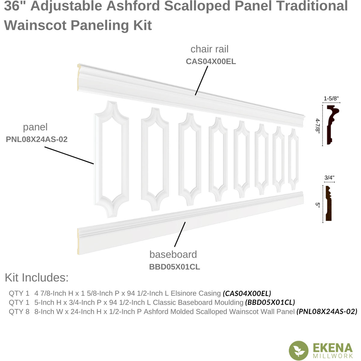 Ashford Traditional Wainscot Paneling Kit - 94.5 Inch Premium Wood Wall Paneling for Home & Office Decoration | Easy DIY Installation for Living Room, Bedroom, Dining Room & Hallway