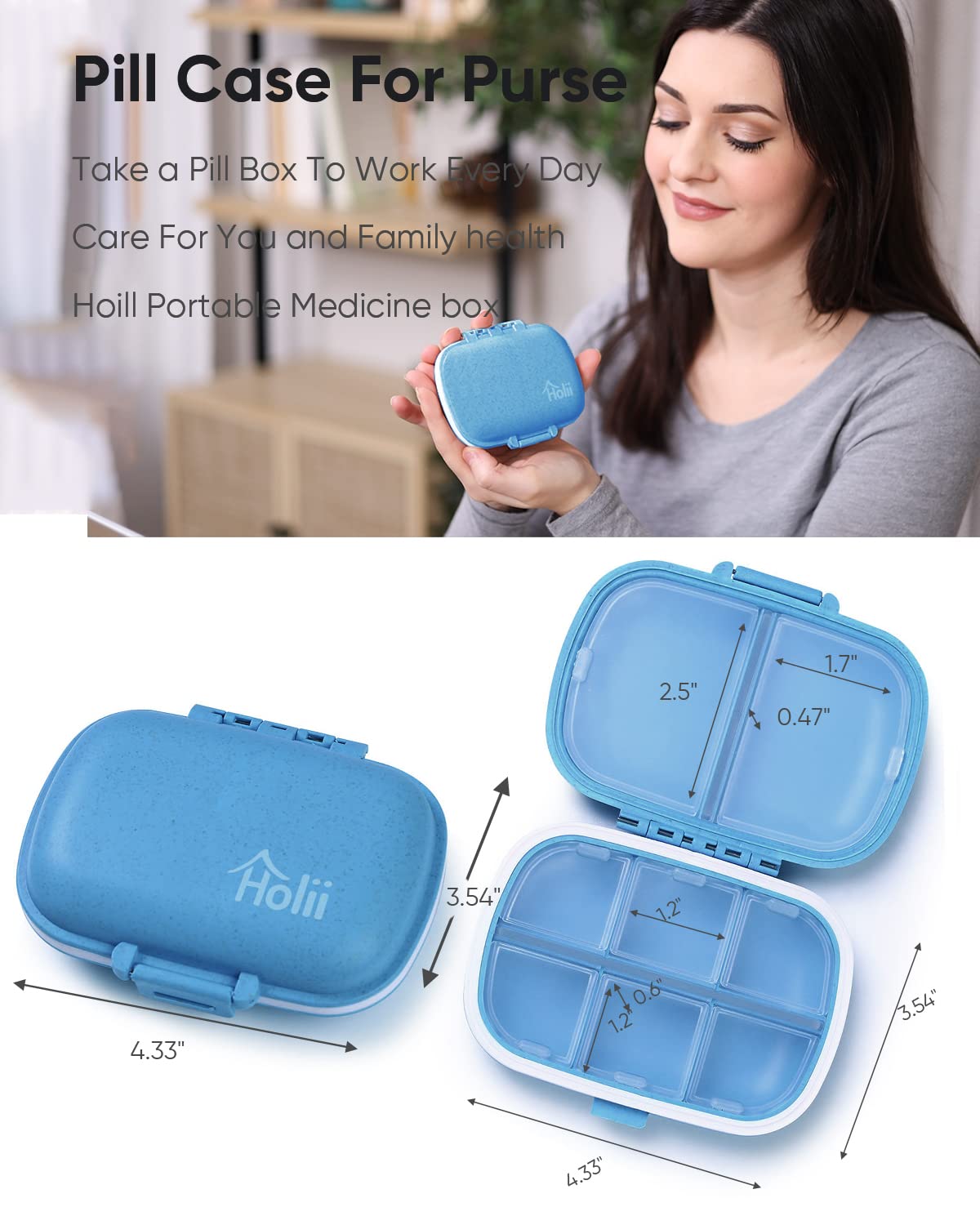 Holii 2-Piece 8-Compartment Travel Pill Organizer - Portable Daily Medicine Box & Vitamin Holder for Purse, Pocket Pharmacy - Perfect for Travel, Work & Home Use (Blue)