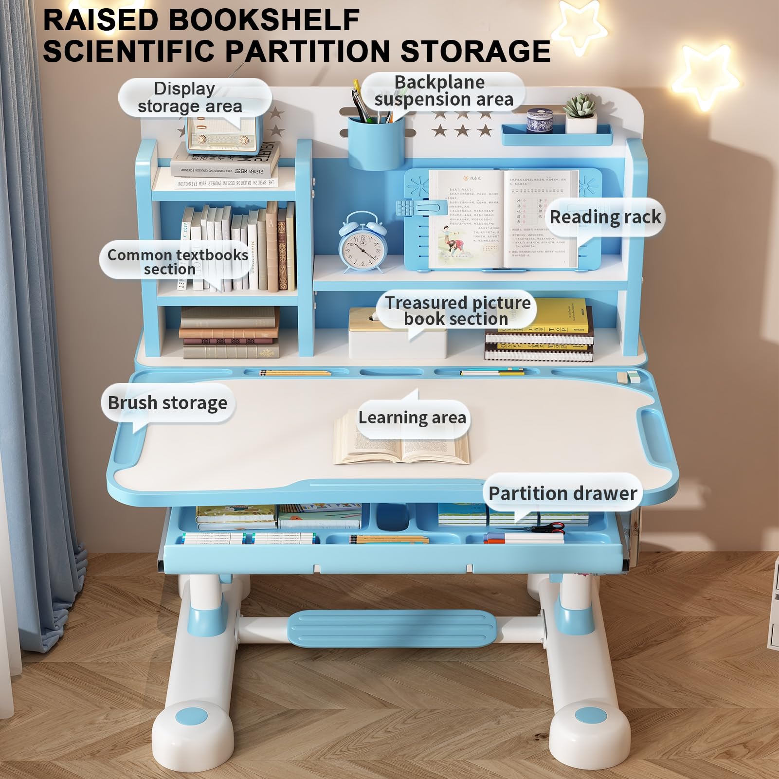 Adjustable Kids Desk and Chair Set - Ergonomic Study Table with Book Stand & Foot Pedal for Children - Blue Height-Adjustable Student Desk for Home Schooling, Online Learning & Homework Station