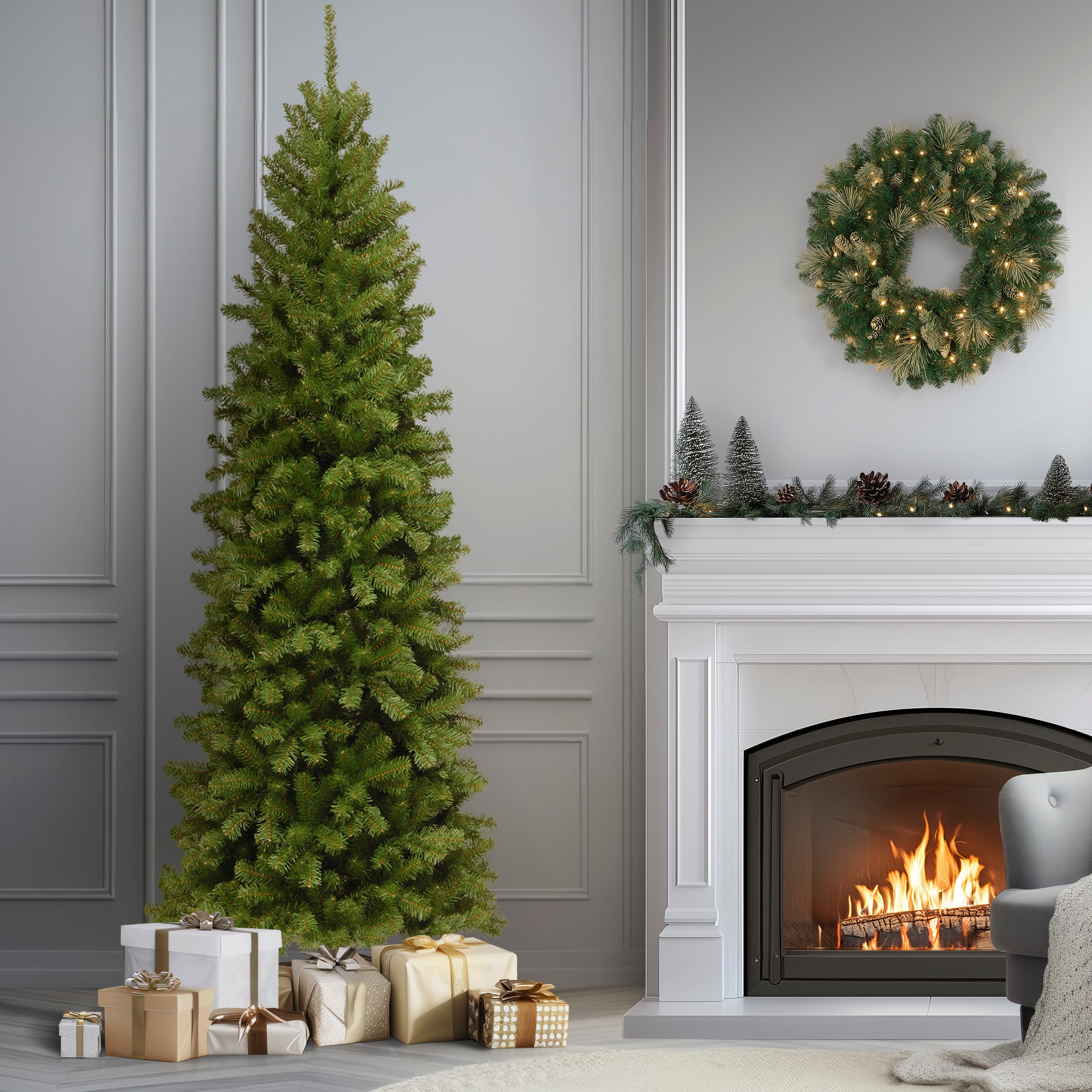 9 ft. North Valley Spruce Pencil Slim Christmas Tree - Perfect for Small Spaces, Apartments & Cozy Holiday Decor