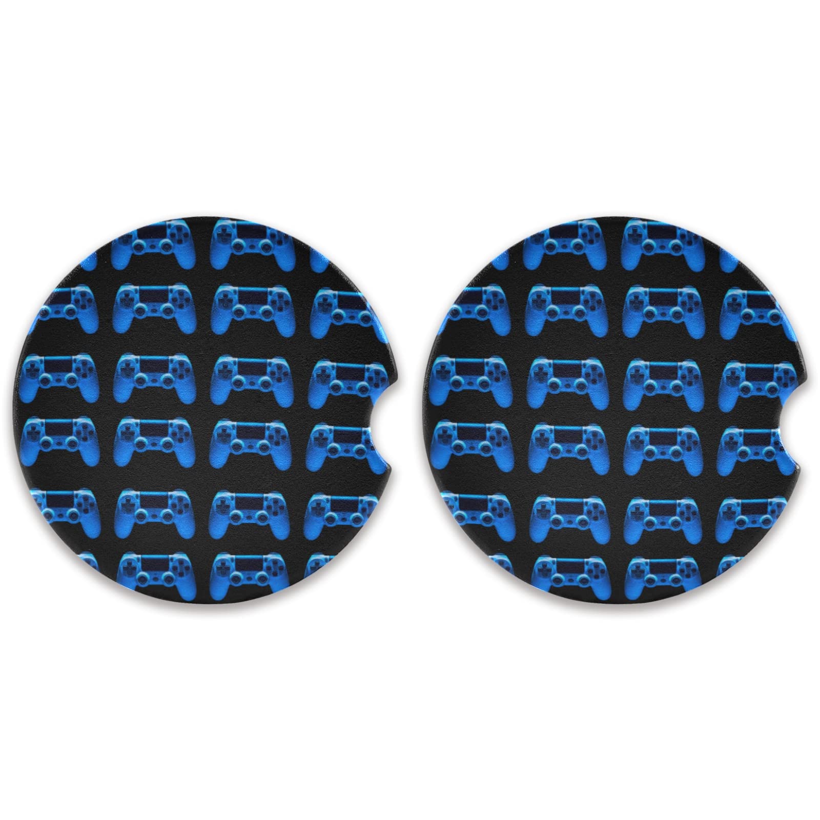 Blue Neon Light Video Game Joystick Design Car Coasters - 2PCs Round Absorbent Cup Mats with Cork Back & Finger Slot for Easy Removal - Non-Slip Mug Holder Protector for Gaming Enthusiasts - Perfect for Cars, Desks, and Gaming Setups