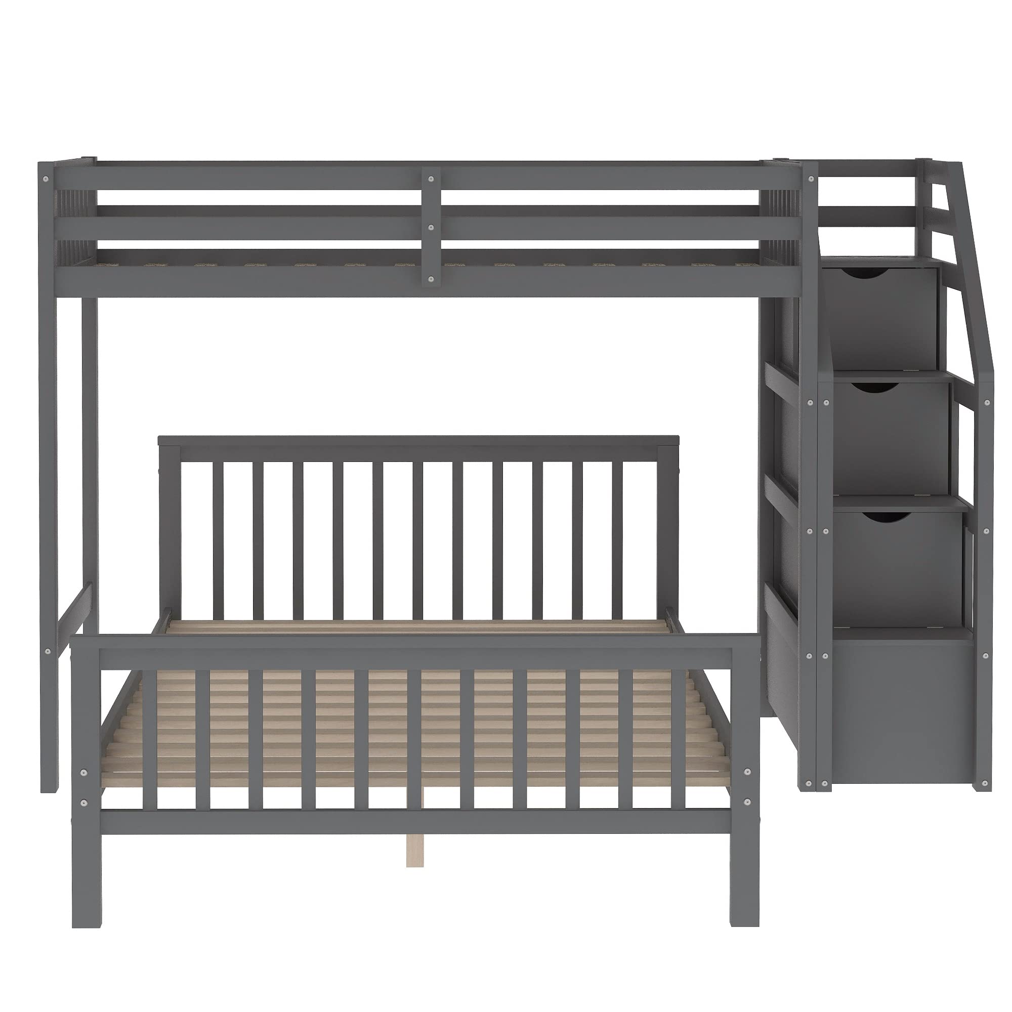 Harper & Bright Designs Twin Over Full L-Shaped Wood Bunk Beds for Kids with Stairway & Storage - No Box Spring Needed, Gray - Perfect for Small Bedrooms, Shared Kids' Rooms & Space-Saving Sleep Solutions