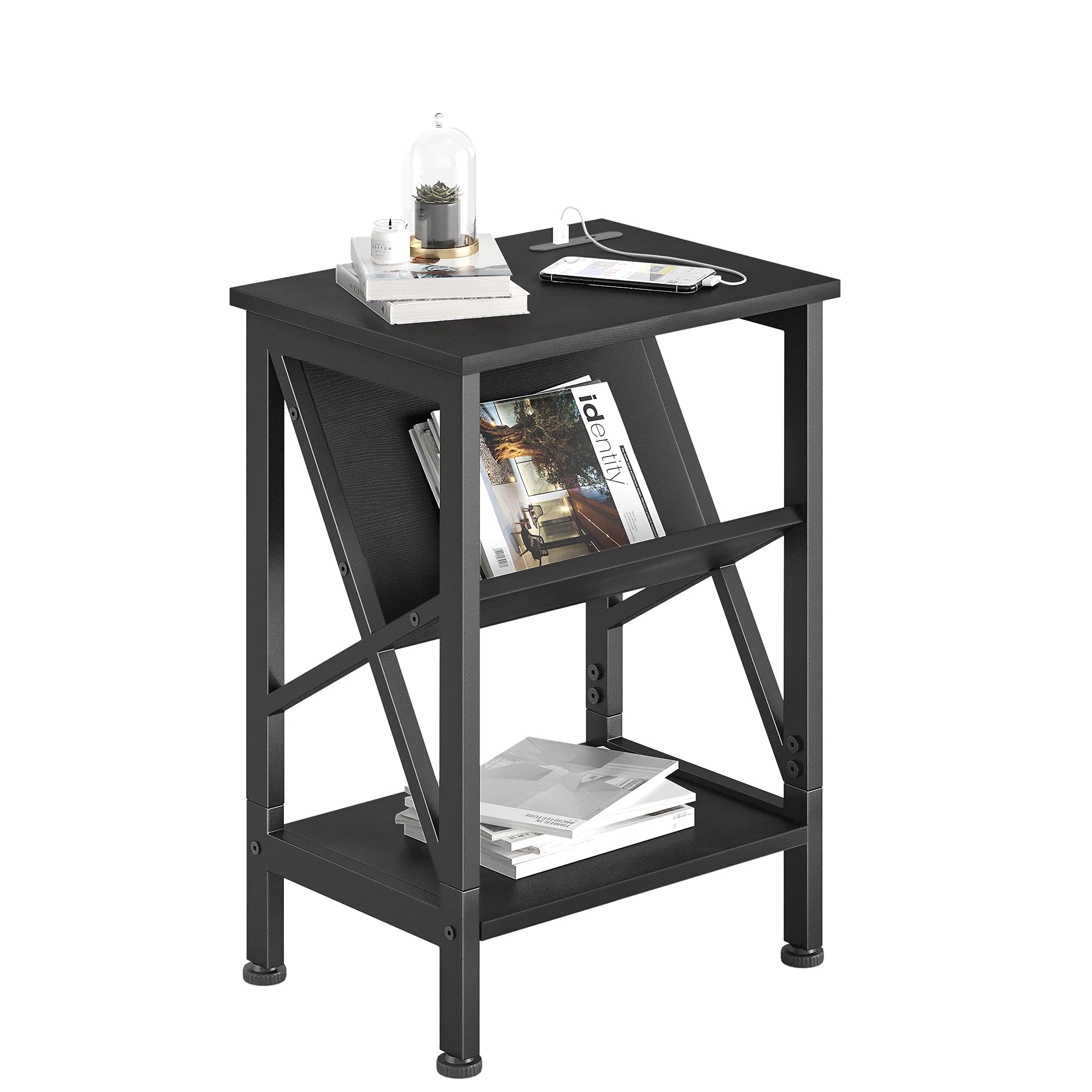 CubiCubi Oxford End Table with Bookshelf & Dual USB Charging Ports - Modern Nightstand for Bedroom, Living Room Side Table - Sturdy Metal Frame & Wooden Shelves - Black (Perfect for Small Spaces, Reading Nooks & Charging Devices)