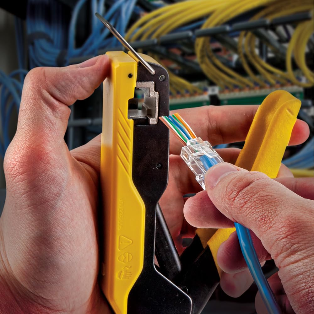 Klein Tools 80017 CAT6 Pass-Thru Crimper & 50-Pack Modular Plug Kit - Professional Data Cable Installation Tool Set for Network Wiring & Ethernet Connections
