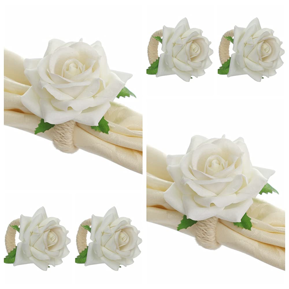Rehobo Silk Rose Flower Napkin Rings Set of 6 - Handmade Wedding Table Decor for Thanksgiving, Christmas, Valentine's Day, Banquet & Party Dinner - Ivory White Table Setting Accessories for Elegant Dining & Special Occasions