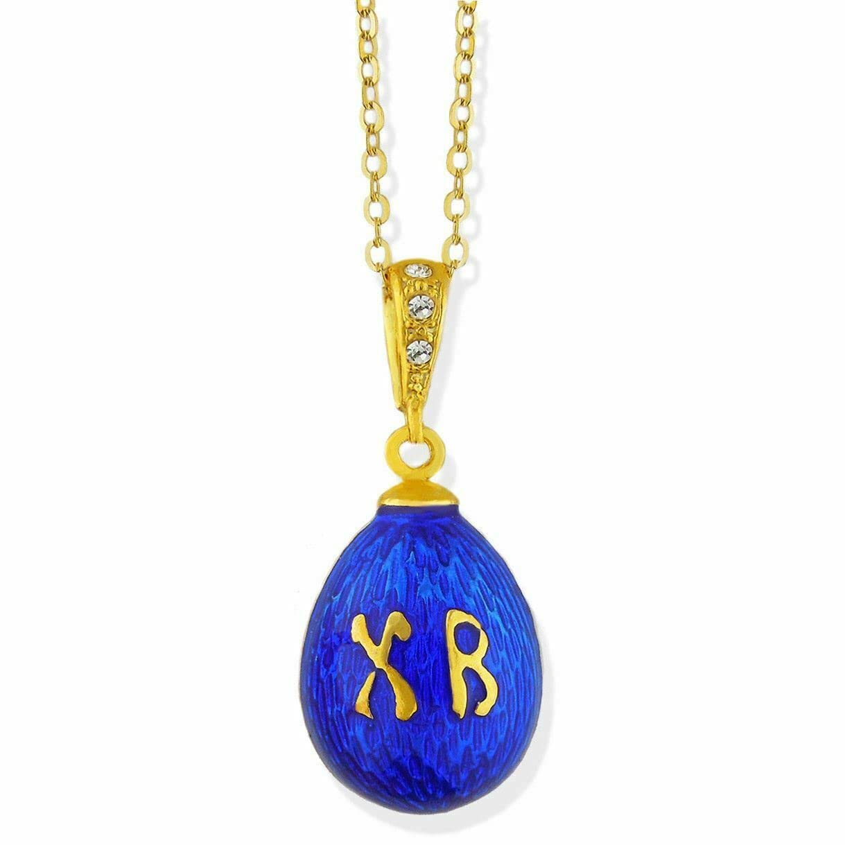 XB Christ is Risen Sterling Silver 925 Blue Enamel Jeweled Egg Pendant - 1 Inch Religious Cross Necklace for Easter, Baptism & Christian Gift Giving