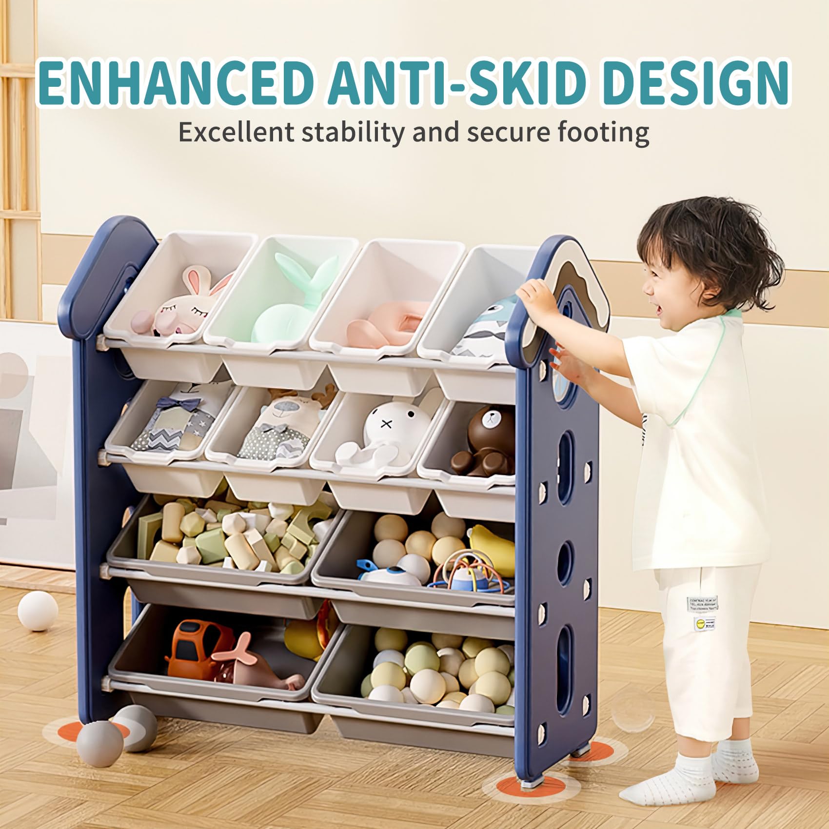 UNICOO® 4-Tier Kids Toy Storage Cabinet with 12 Bins - Montessori Style Organizer Shelf for Nursery, Playroom & Study Room - Blue | Perfect for Organizing Toys, Books & Crafts in Children's Bedroom or Classroom
