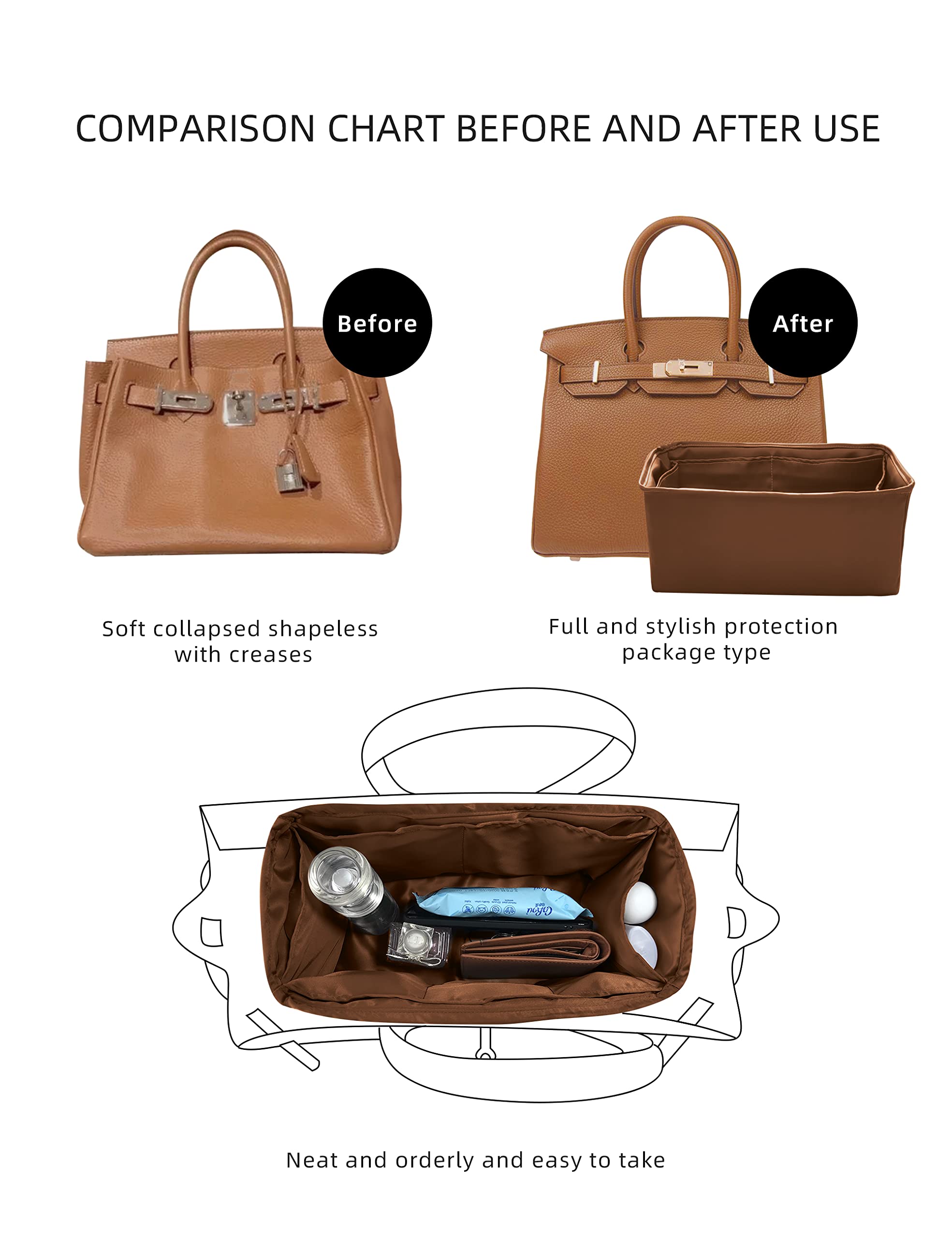 Premium Purse Organizer Insert for Birkin 25 - Gold & White Luxury Handbag Shaper with Silk Lining | Perfect for Designer Bag Protection & Organization | Ideal for Travel, Work & Everyday Use