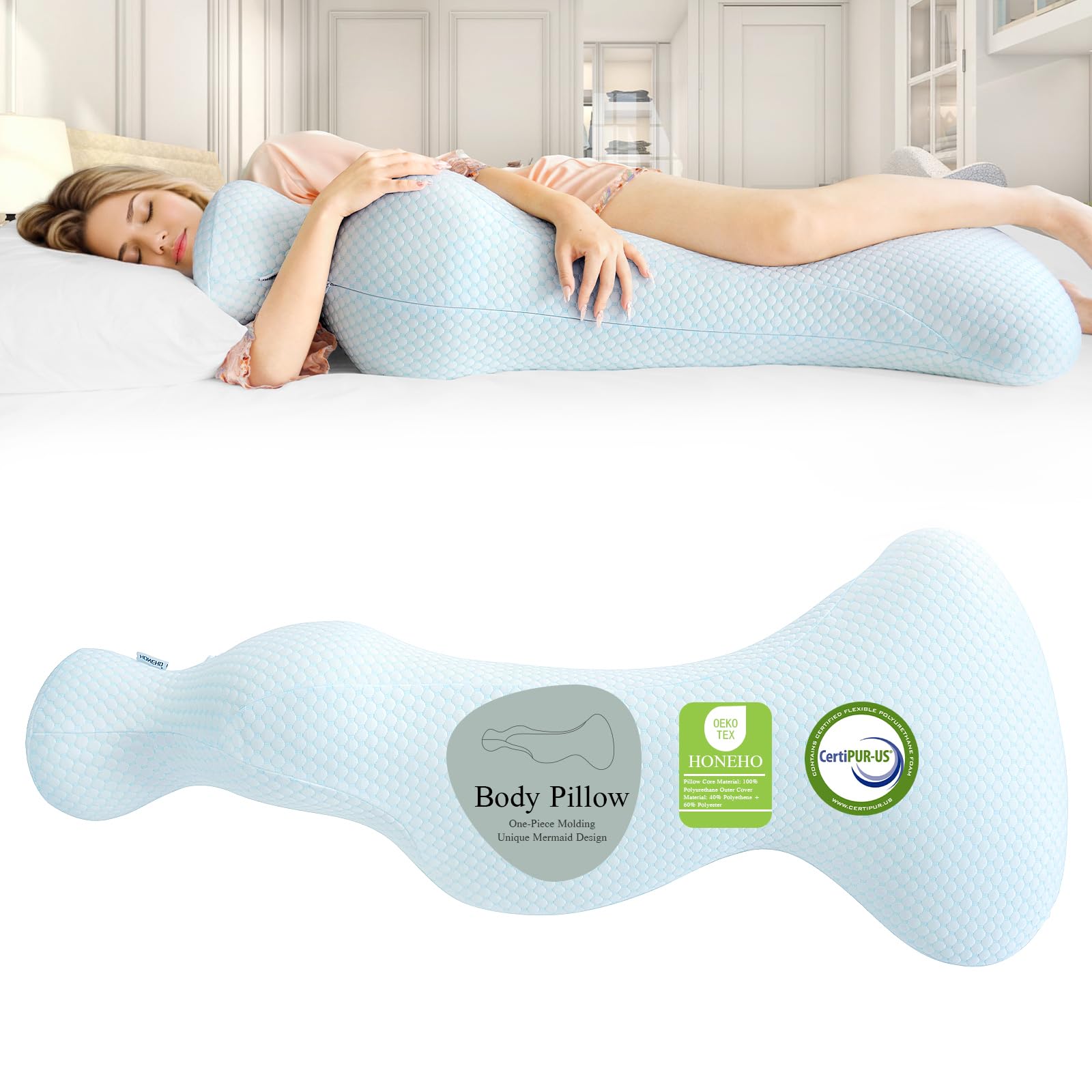 Cooling Mermaid Body Pillow for Adults – Full Memory Foam Long Hugging Pillow for Side Sleepers & Pregnancy Support – Soft Firm Bed Pillow for Comfortable Sleep & Relaxation | Perfect for Home, Office & Travel Use