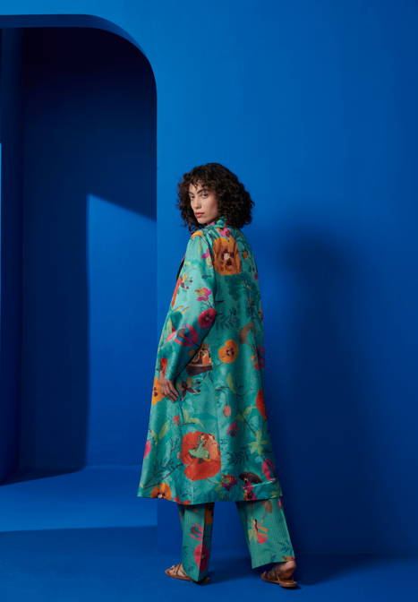 Elegant Long Silk Damask Coat in Aqua - Perfect for Formal Events, Weddings & Evening Parties