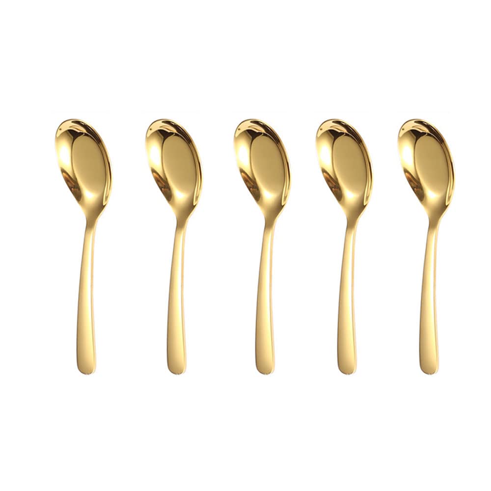 5-Piece Stainless Steel Soup Spoons Set - Mirror Finish Kitchen Serving Spoons for Dessert, Coffee, Ice Cream - Perfect for Soup, Rice, Tea, Milk & Desserts (Golden) - Ideal for Dining, Restaurants & Home Kitchen Use