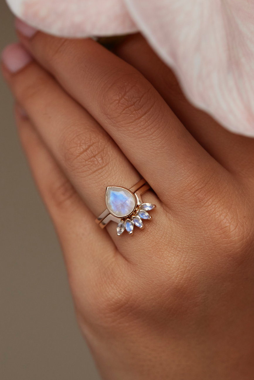 9K White Gold Double Stack Moonstone Halo Ring - Elegant Stackable Jewelry for Women, Perfect for Weddings, Anniversaries & Special Occasions