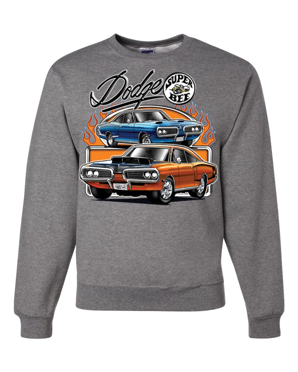 Wild Bobby Flaming Dodge Super Bee Muscle Car Graphic Sweatshirt - Unisex Crewneck Pullover for Men & Women - Vintage Car Enthusiast Gift, Casual Streetwear, Car Show Apparel