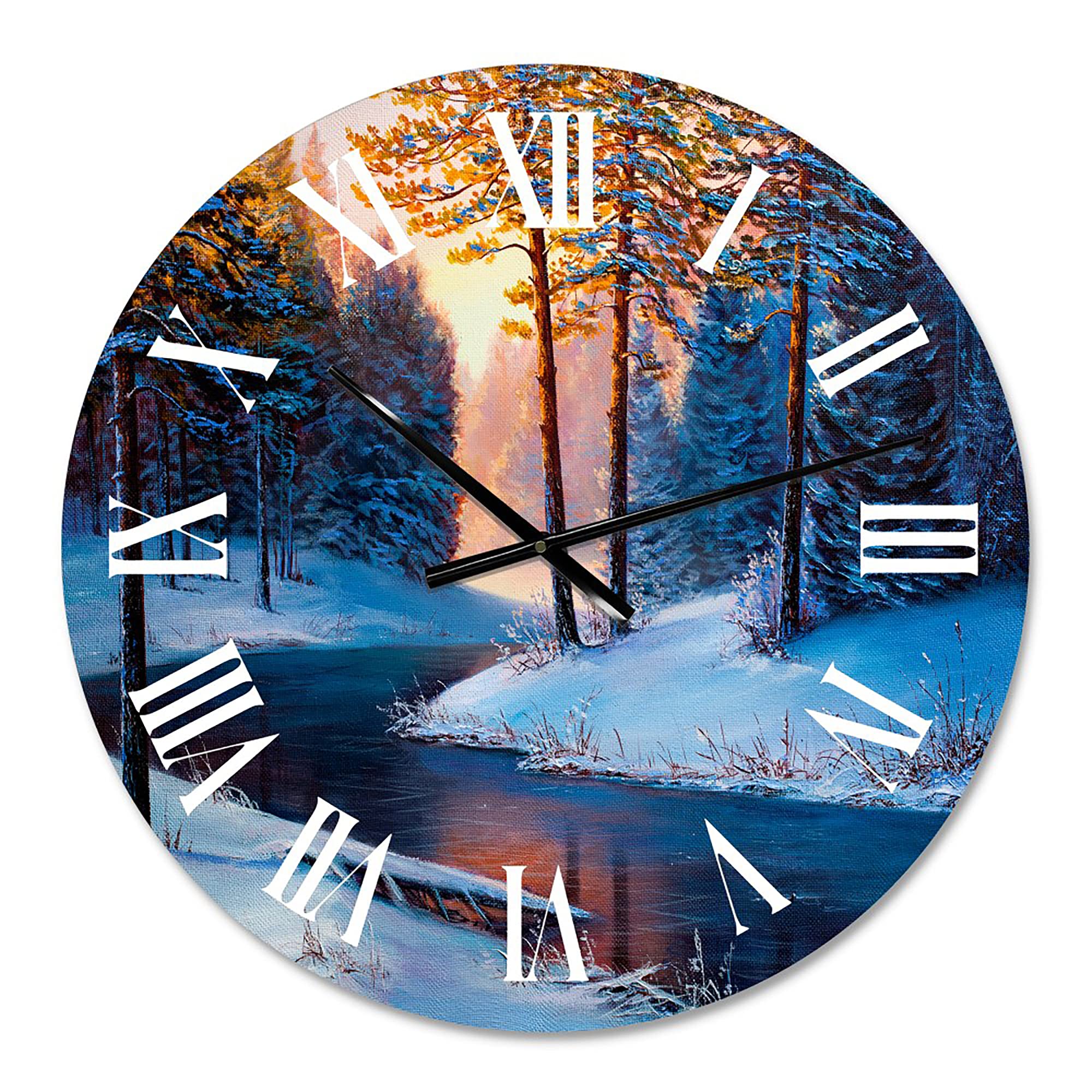 DesignQ Lake House Wall Clock - 'Sunshine Through The Christmas Forest by The River' Large Landscape Nature Wall Clock for Kitchen, Living Room, Bedroom, Office Decor | Perfect for Farmhouse, Rustic & Holiday Home Décor