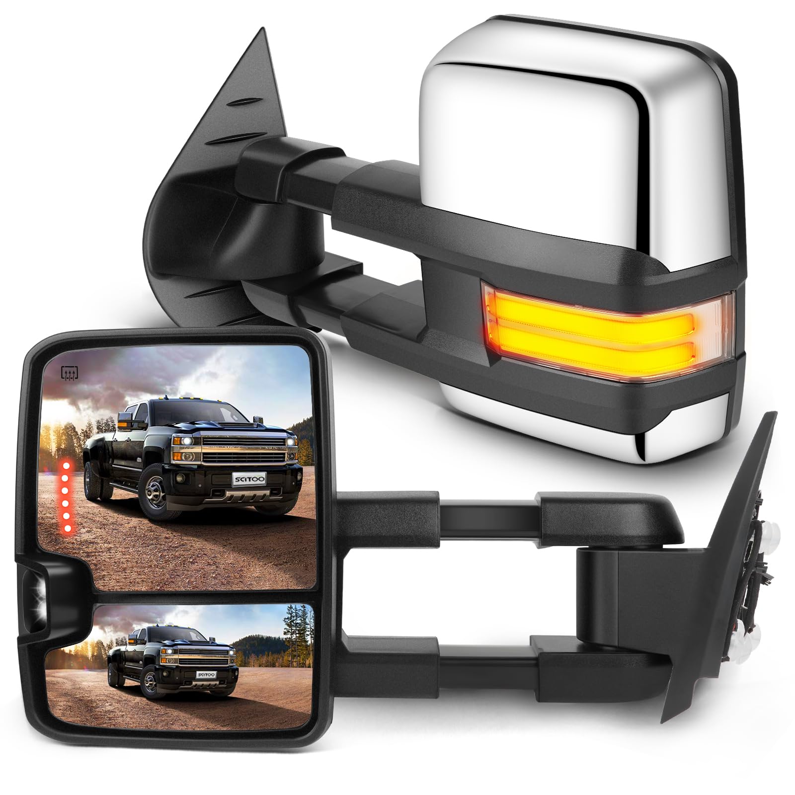 Chrome Power Heated Towing Mirrors for Chevy Silverado & GMC Sierra 2008-2013 - Dynamic Running Lights, Turn Signal, Reverse Lights | Enhanced Visibility for Towing, Night Driving & Parking