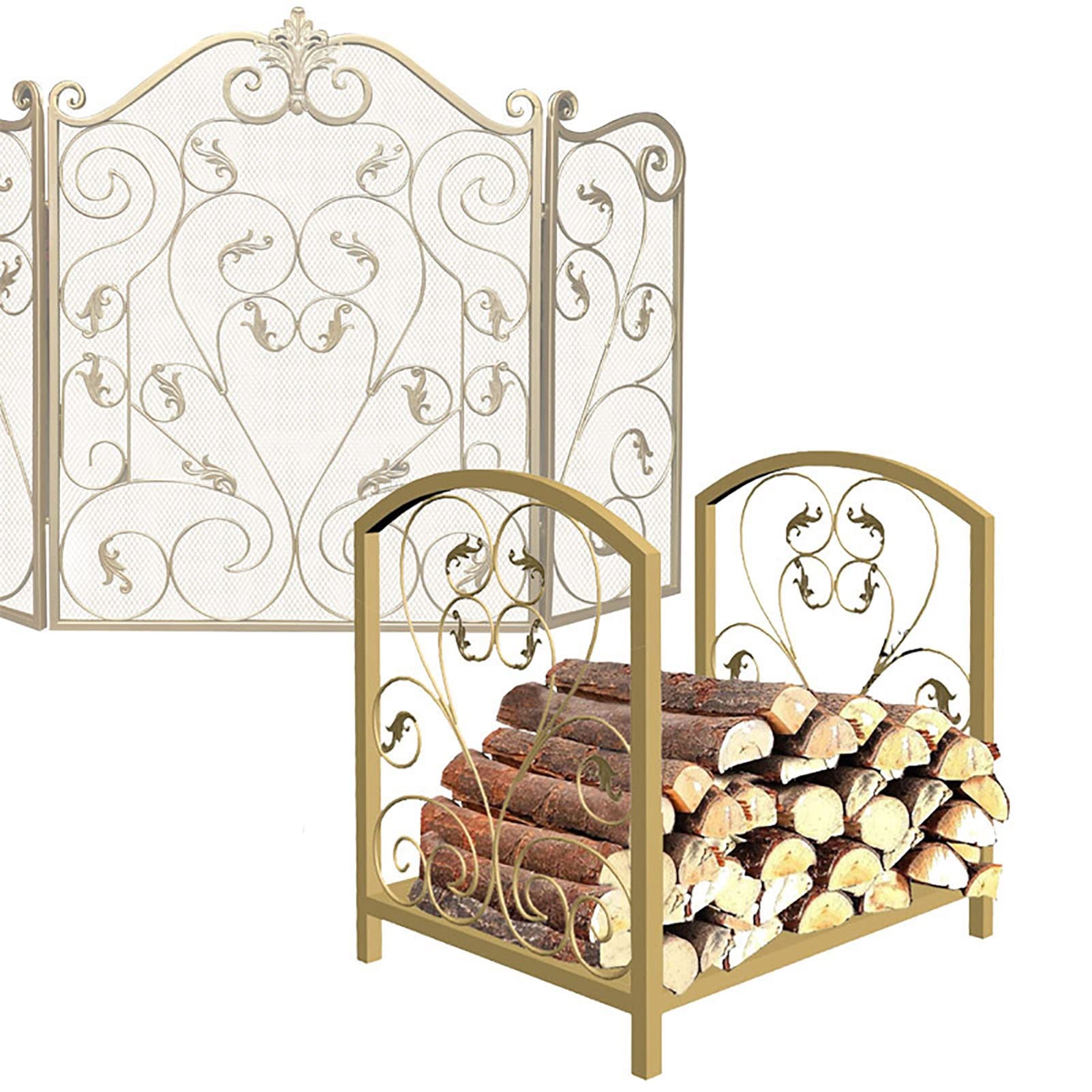 Heavy Duty Wrought Iron Scroll Firewood Rack Stand - 17.7 Inch Indoor/Outdoor Log Holder for Firewood Storage - Gold Finish - Perfect for Fireplace, Patio, and Camping Use