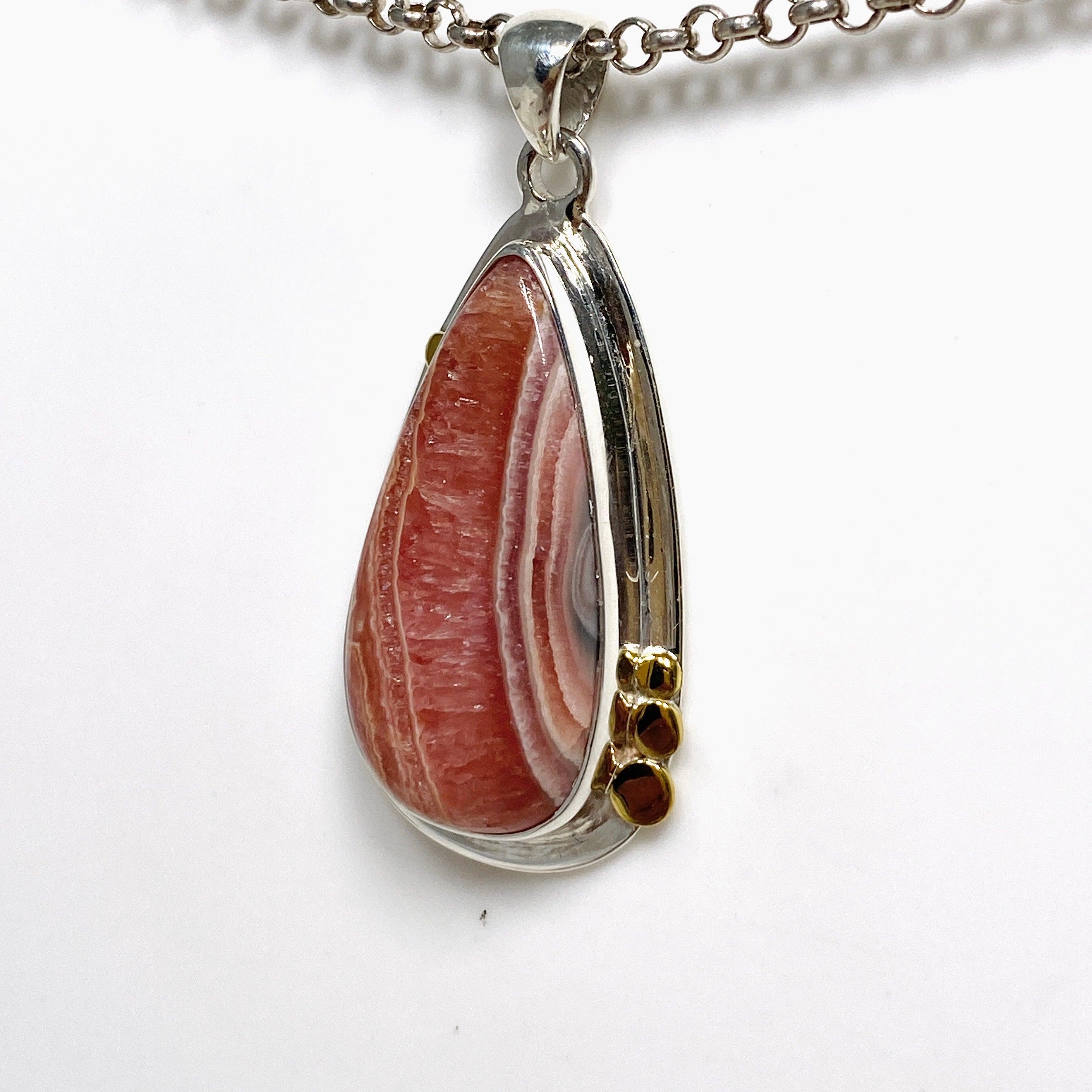 Rhodochrosite Teardrop Pendant Necklace with Brass Accents KPGJ4327 - Elegant Jewelry for Women, Perfect for Date Night & Special Occasions