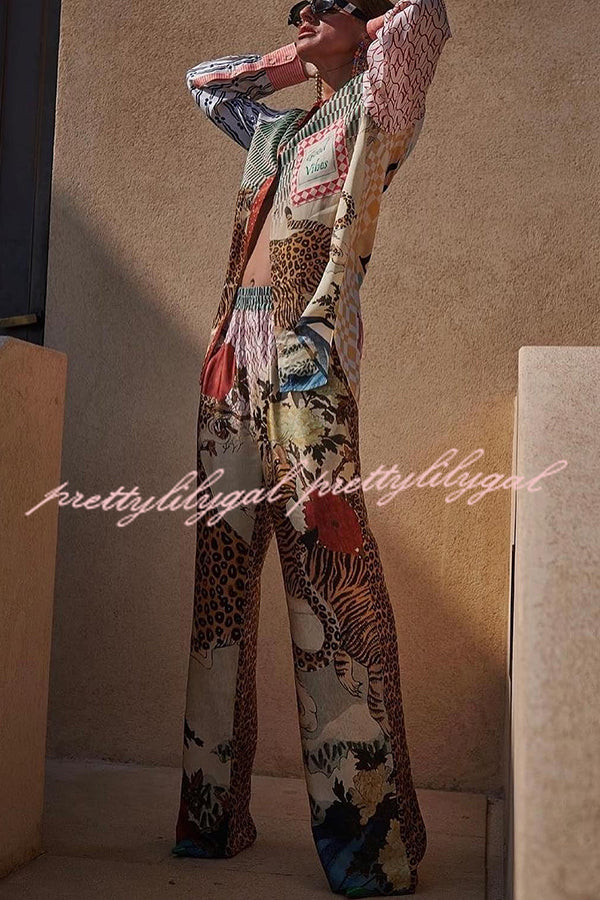 Tropical Jungle Tiger Print Long Sleeve Loose Shirt & Elastic Waist Pants Set - Stylish Animal Print Outfit for Women, Casual Wear, Vacation Outfits, and Street Fashion