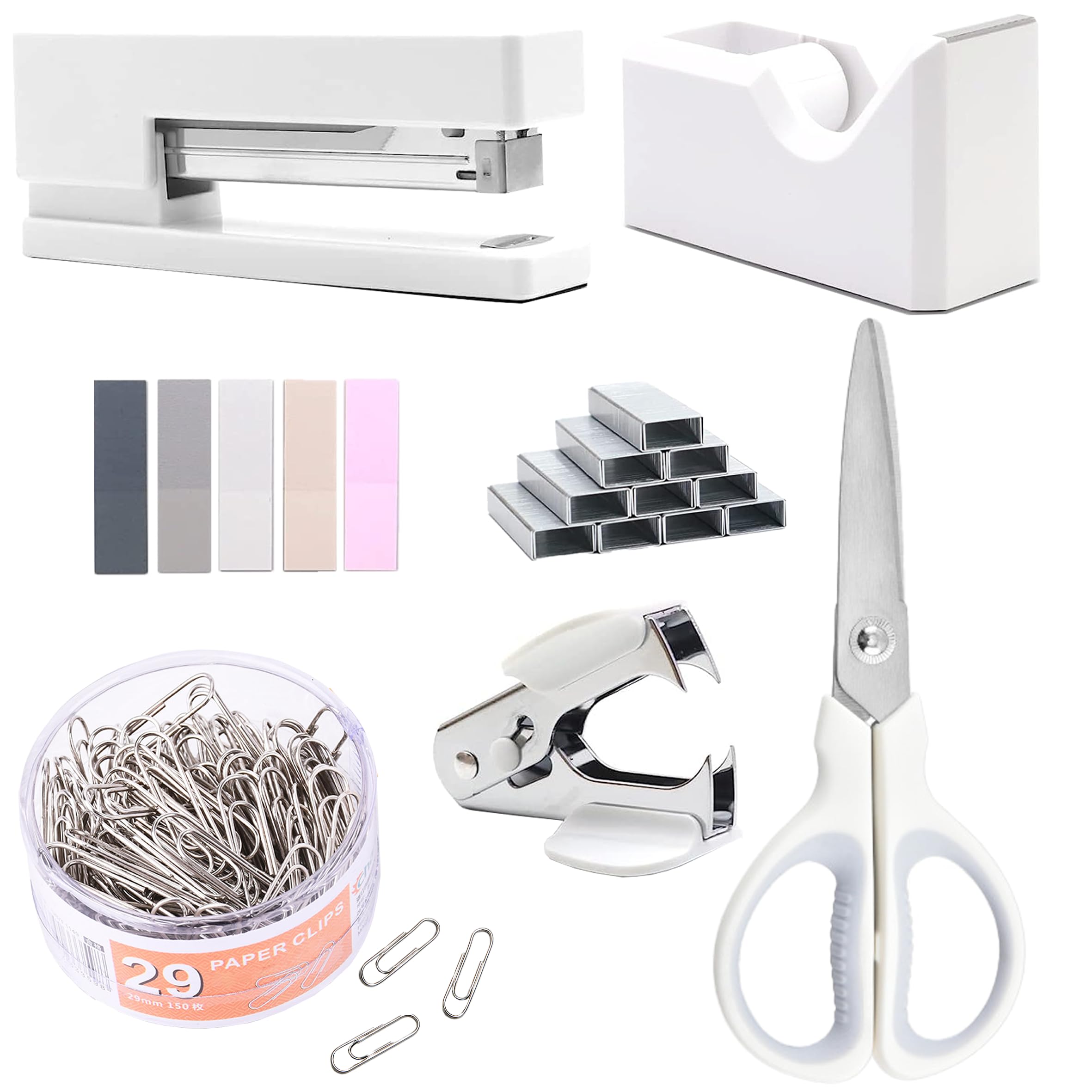 Premium White Office Supplies Set - Stapler, Tape Dispenser, Staple Remover, Paper Clips & Scissors | Elegant Desk Accessories for Women Professionals | Perfect for Home Office, School & Workspace Organization