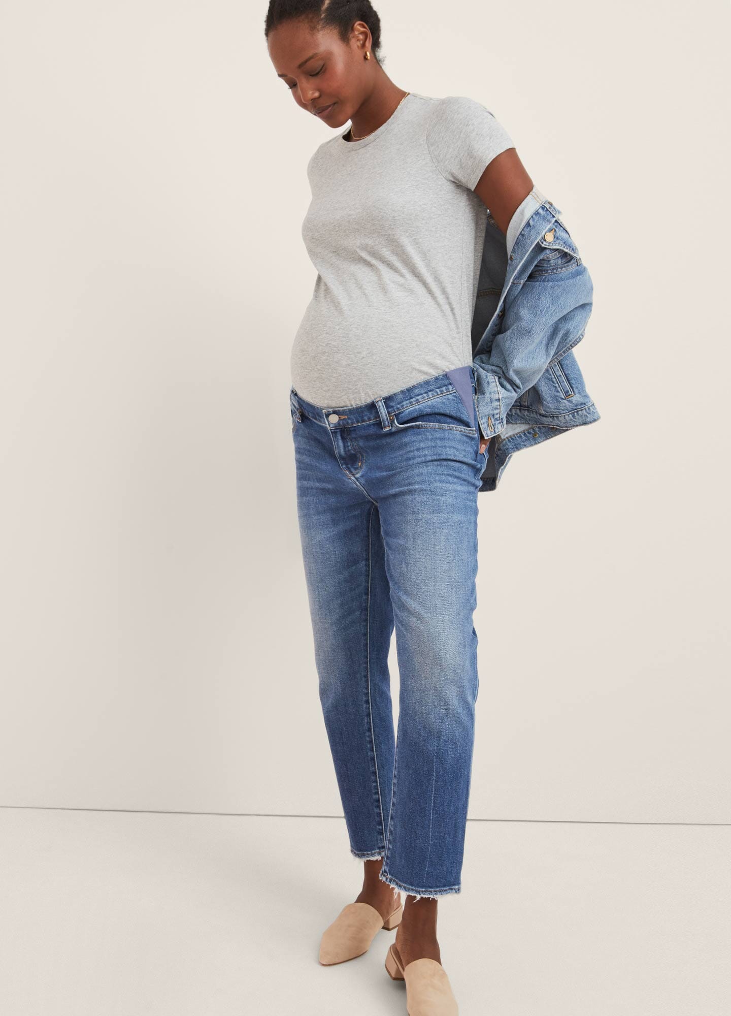 Best Stretch Maternity Jeans for Women - Comfortable Boyfriend Fit Pregnancy Denim Pants for Everyday Wear & Maternity Photos