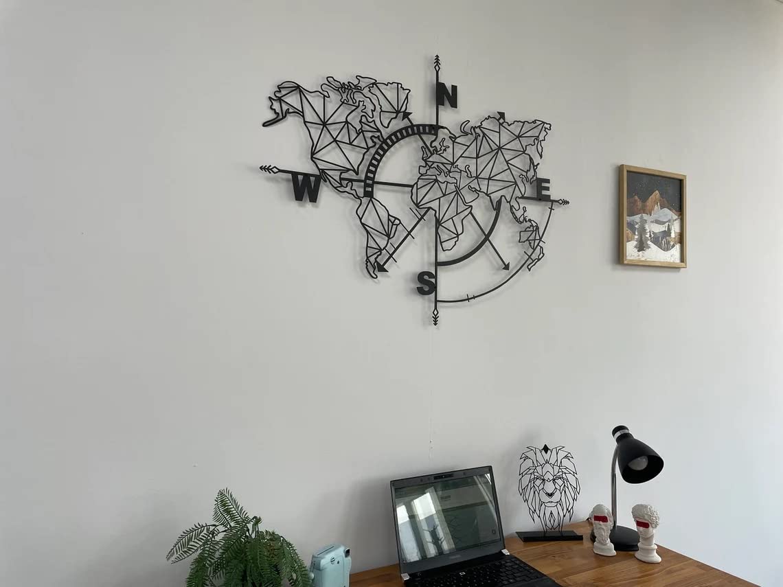 DEKADRON Modern Metal World Map Wall Art with Geometric Compass - Black 55
