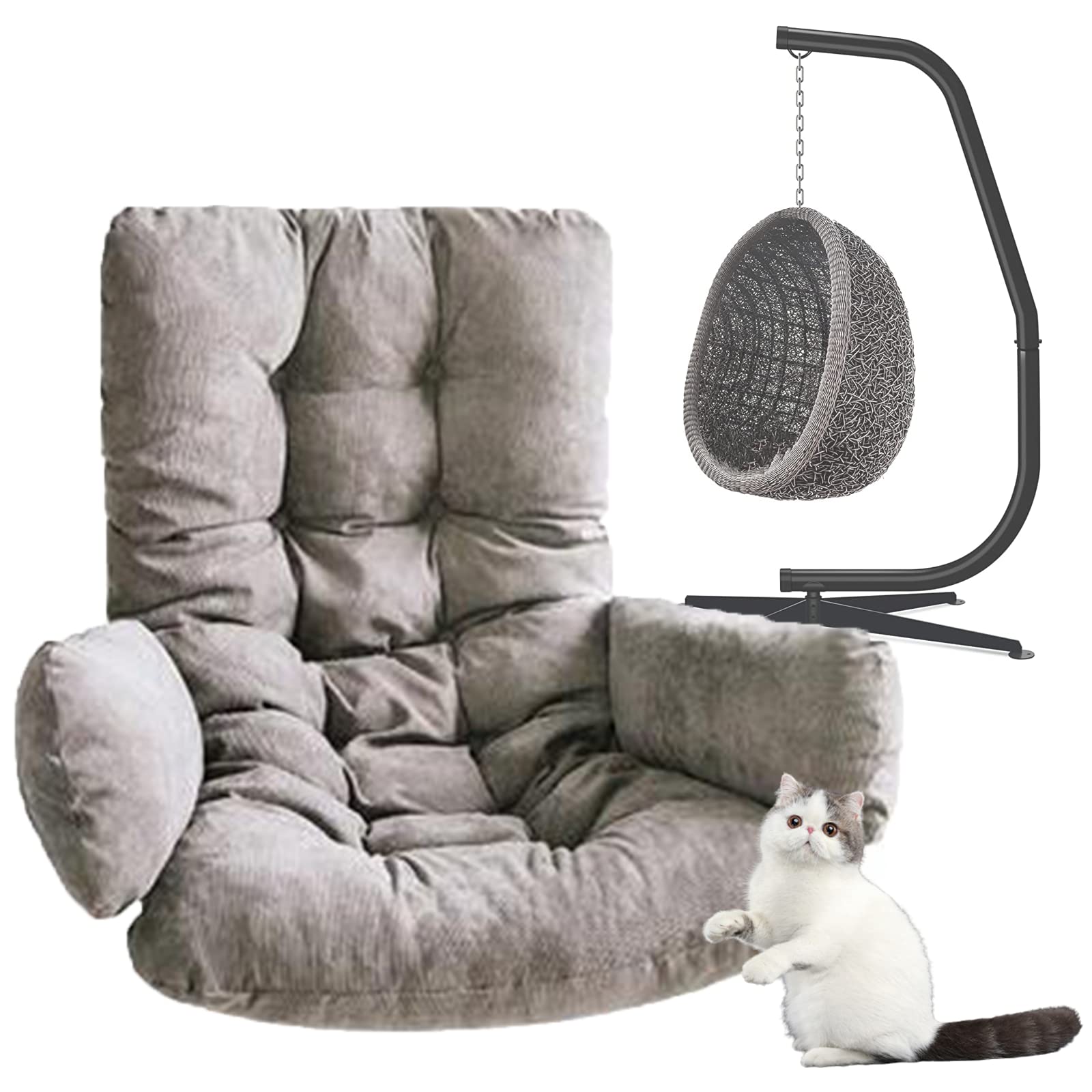 Indoor Outdoor Patio Wicker Hanging Chair Swing - Gray Egg Hammock Chair with Cushions (49x20in) for Bedroom, Balcony, Garden Relaxation