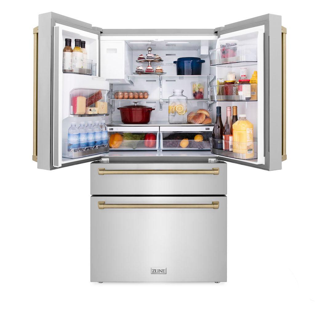 ZLINE Autograph Edition 36-Inch Counter Depth French Door Refrigerator - 21.6 cu.ft Capacity, Fingerprint Resistant Stainless Steel with Champagne Bronze Handles, Built-In Water and Ice Dispenser (RFMZ W 36 CB) - Perfect for Modern Kitchens, Open-Concept Homes, and Gourmet Cooking Spaces