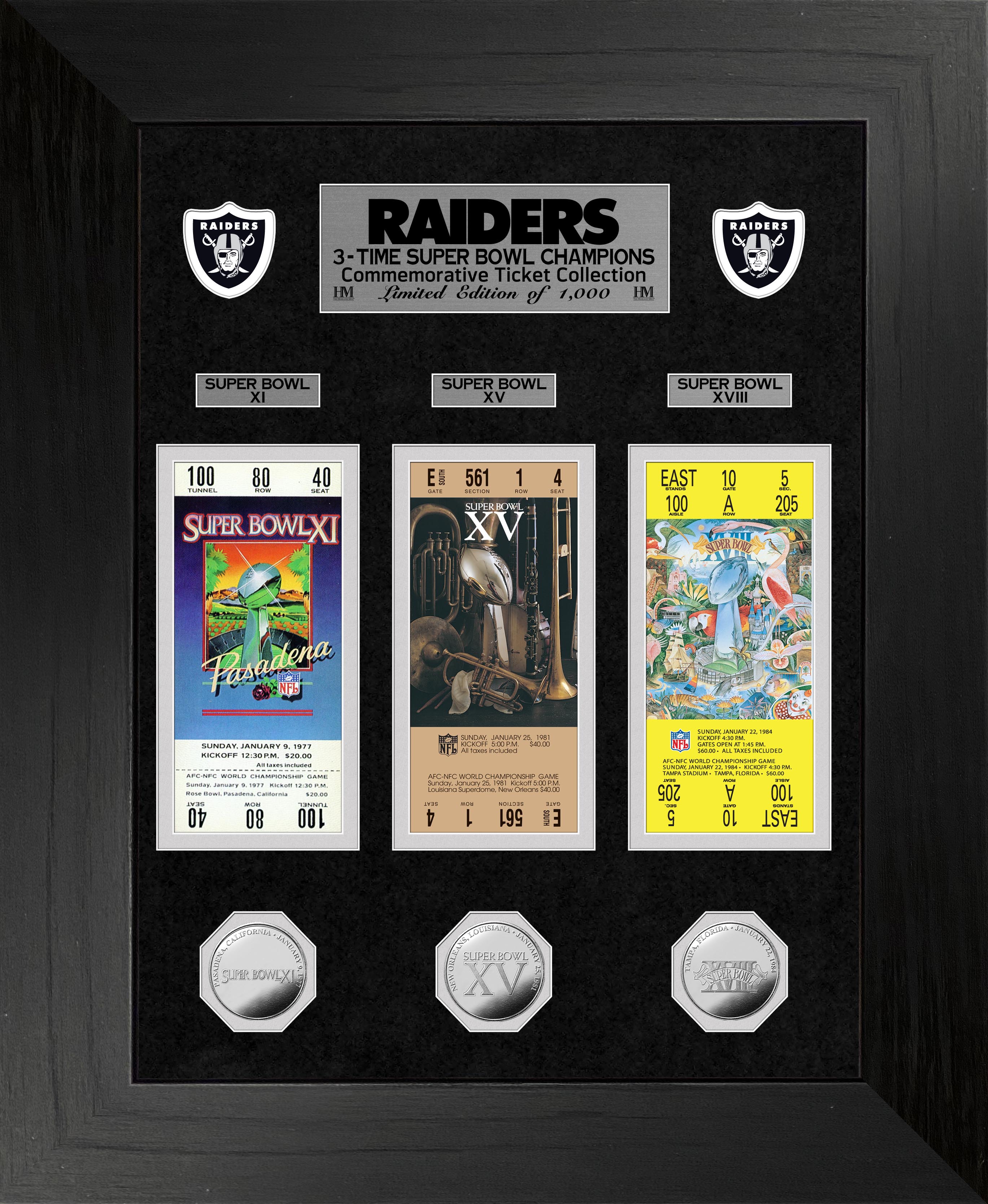 Raiders 3 Time Super Bowl Champions Commemorative Silver Coin & Ticket Collection Set - Perfect for NFL Fans, Sports Memorabilia Collectors, and Gift Giving
