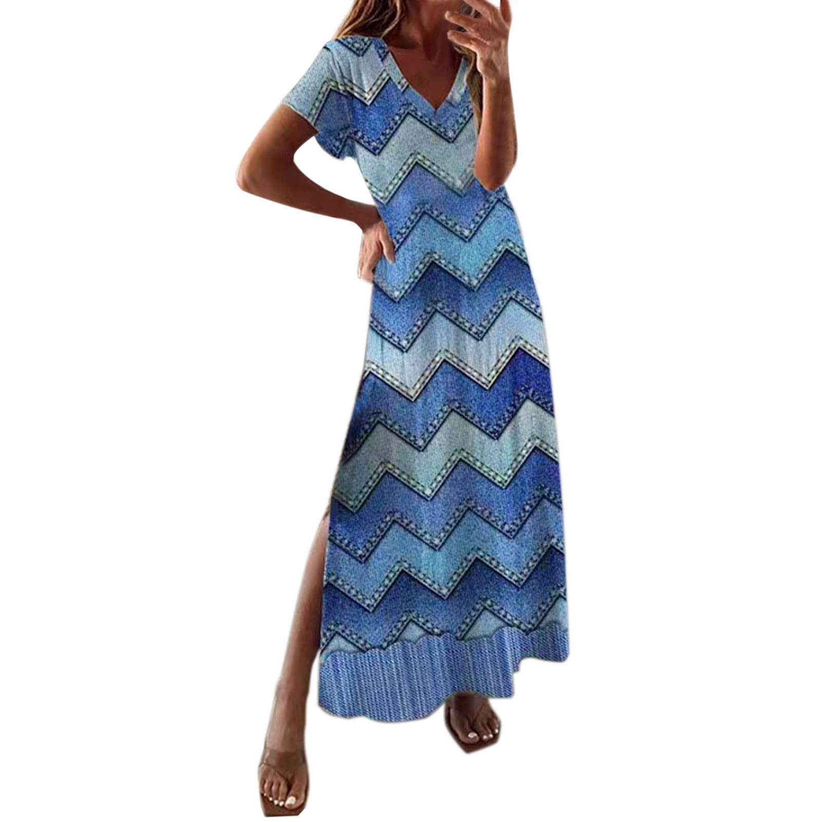 Women's Floral Print Casual Summer Dress - Loose Fit Long Dress with Slit & Short Sleeves | Perfect for Beach Vacation, Date Night & Outdoor Parties