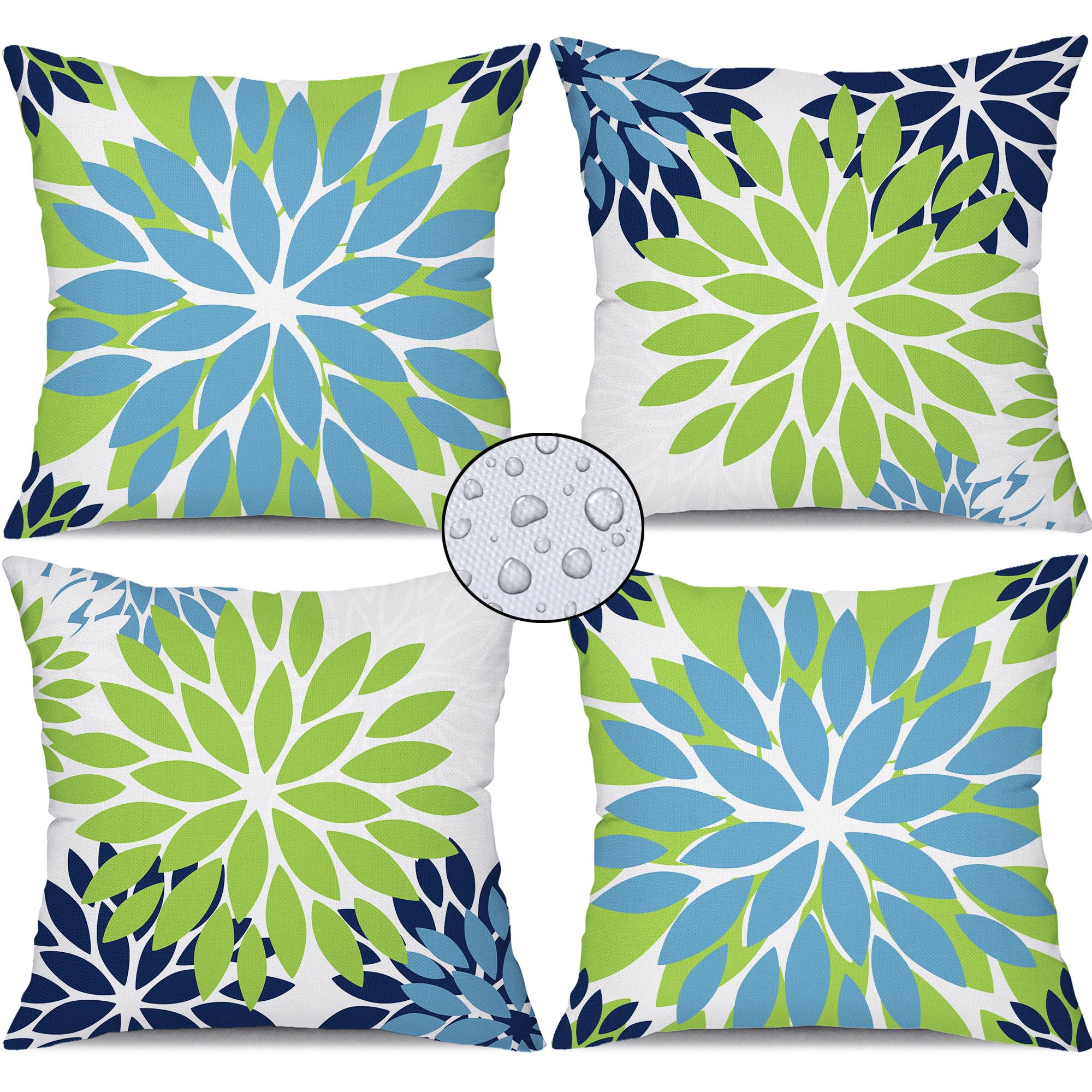 Premium 18x18 Inch Green Blue Floral Pillow Covers Set of 4 - Waterproof Outdoor Decorative Throw Pillows for Sofa, Patio, Garden - Soft Linen Cushion Cases for Living Room & Outdoor Furniture Decor (008B)