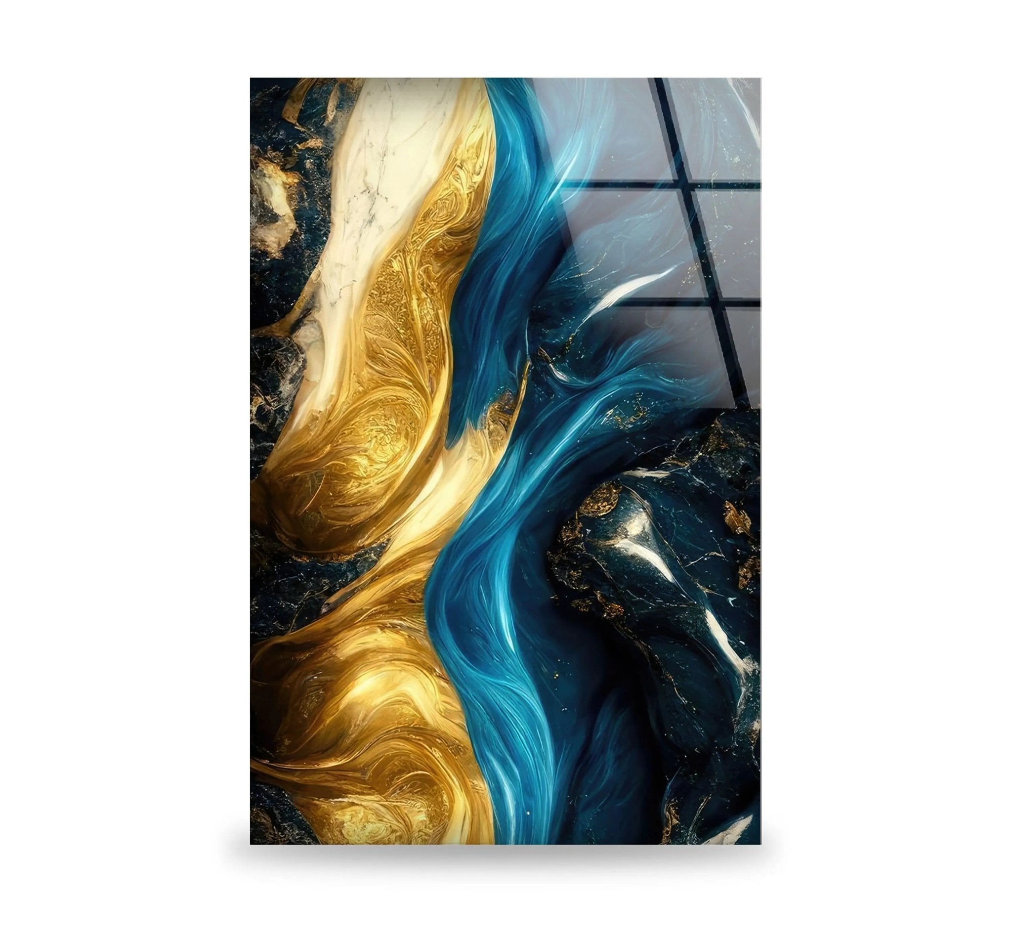 Abstract Marble Blue and Gold Glass Wall Art - Modern Home Decor for Living Room, Bedroom & Office - Elegant Handmade Glass Panel for Wall Display
