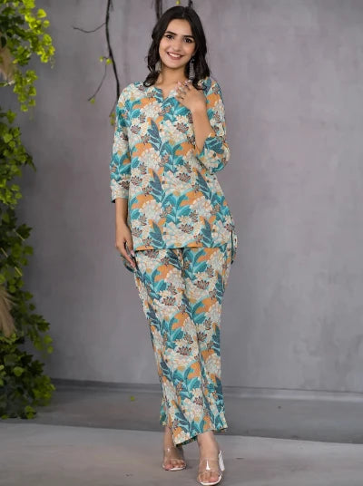 Stylish Vibrant Garden Muse Cotton Co-Ord Set for Women | Trendy Matching Outfit | Perfect for Summer Picnics, Beach Vacations & Casual Outings