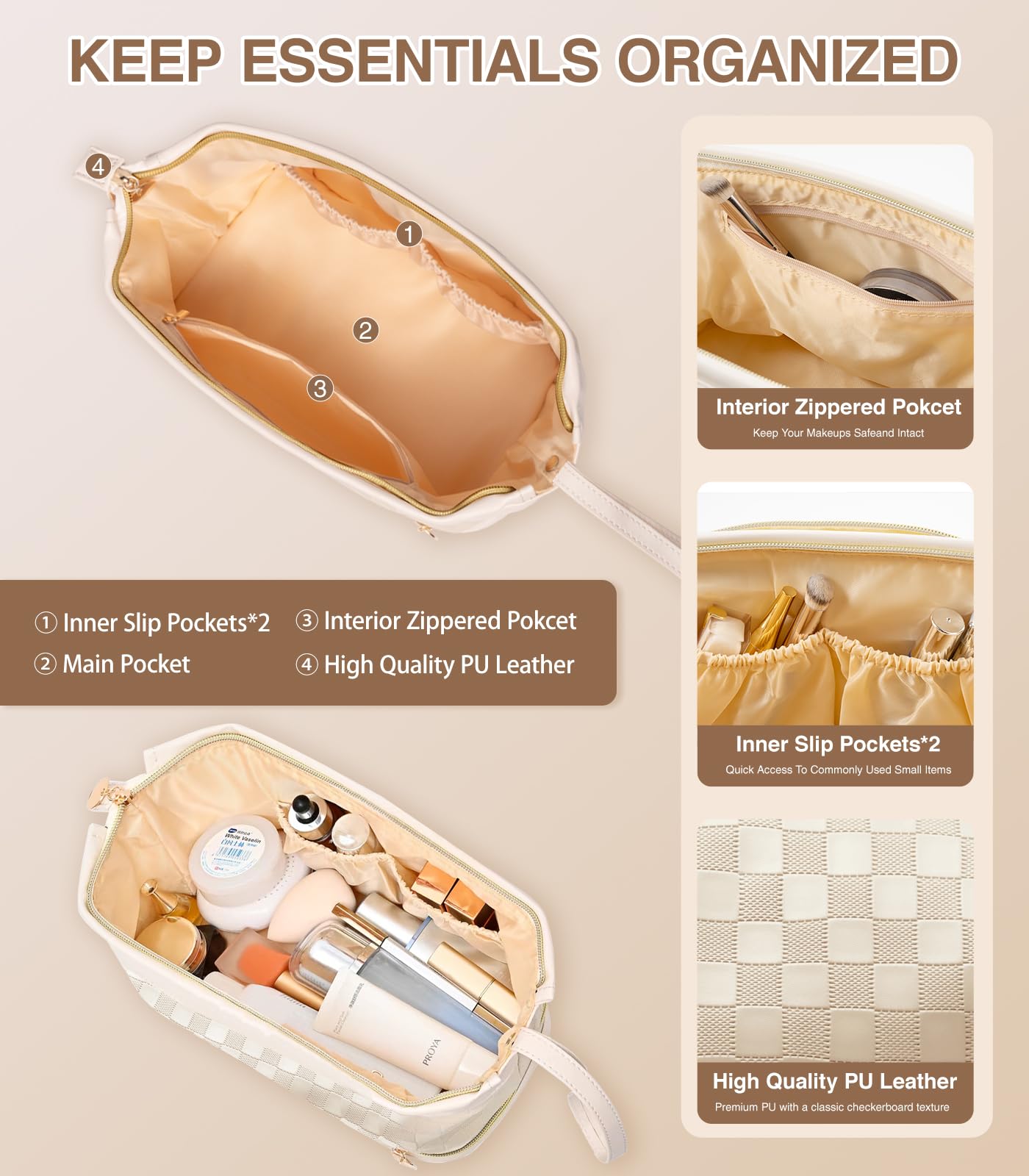 Large Double Layer Leather Makeup Bag Organizer - Waterproof Travel Cosmetic & Toiletry Bag for Women & Girls (Beige) - Perfect for Travel, Gym, and Daily Makeup Storage