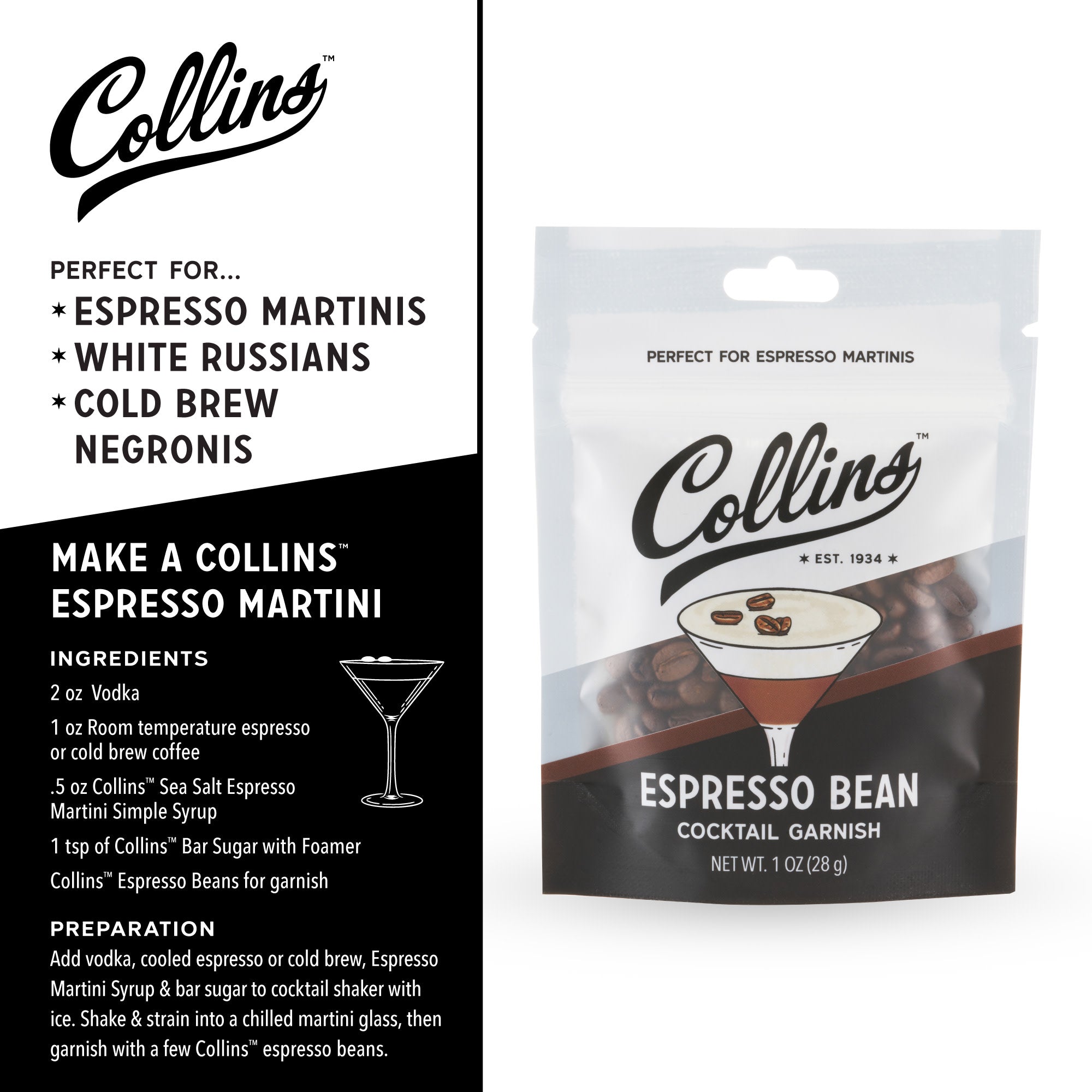 Premium Espresso Bean Cocktail Garnish - 1 oz Bag | Gourmet Coffee Garnish for Martinis, Desserts & Cocktail Decorations | Perfect for Home Bars, Parties & Coffee Lovers