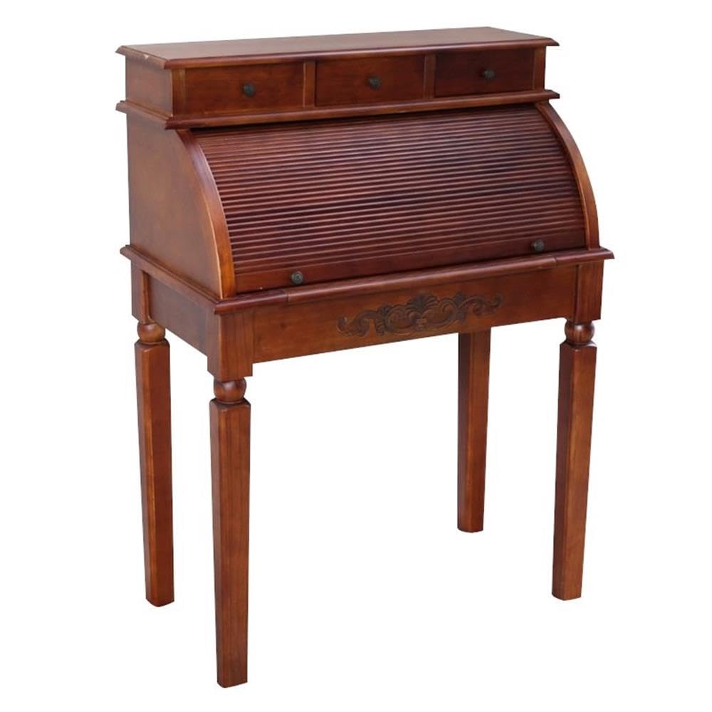Vintage Carved Wood Roll Top Desk - Antique Style Writing Desk with Storage for Home Office & Study | Perfect for Small Spaces & Apartment Living