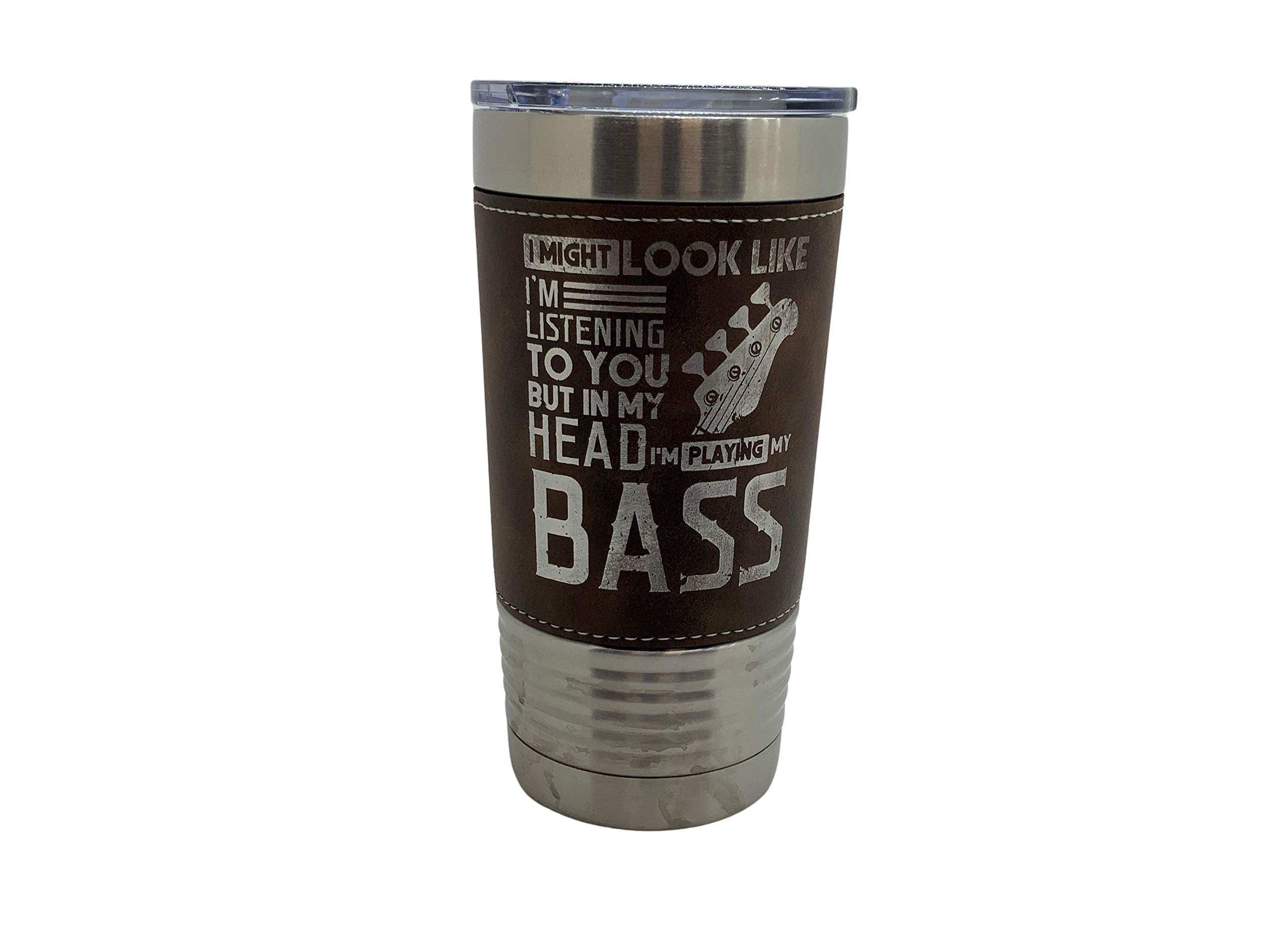 20oz Stainless Steel Vacuum Insulated Tumbler with Leather Wrap - Brown Bass Guitar Design | Perfect for Coffee, Tea & Cold Drinks at Home, Office or Outdoor Adventures